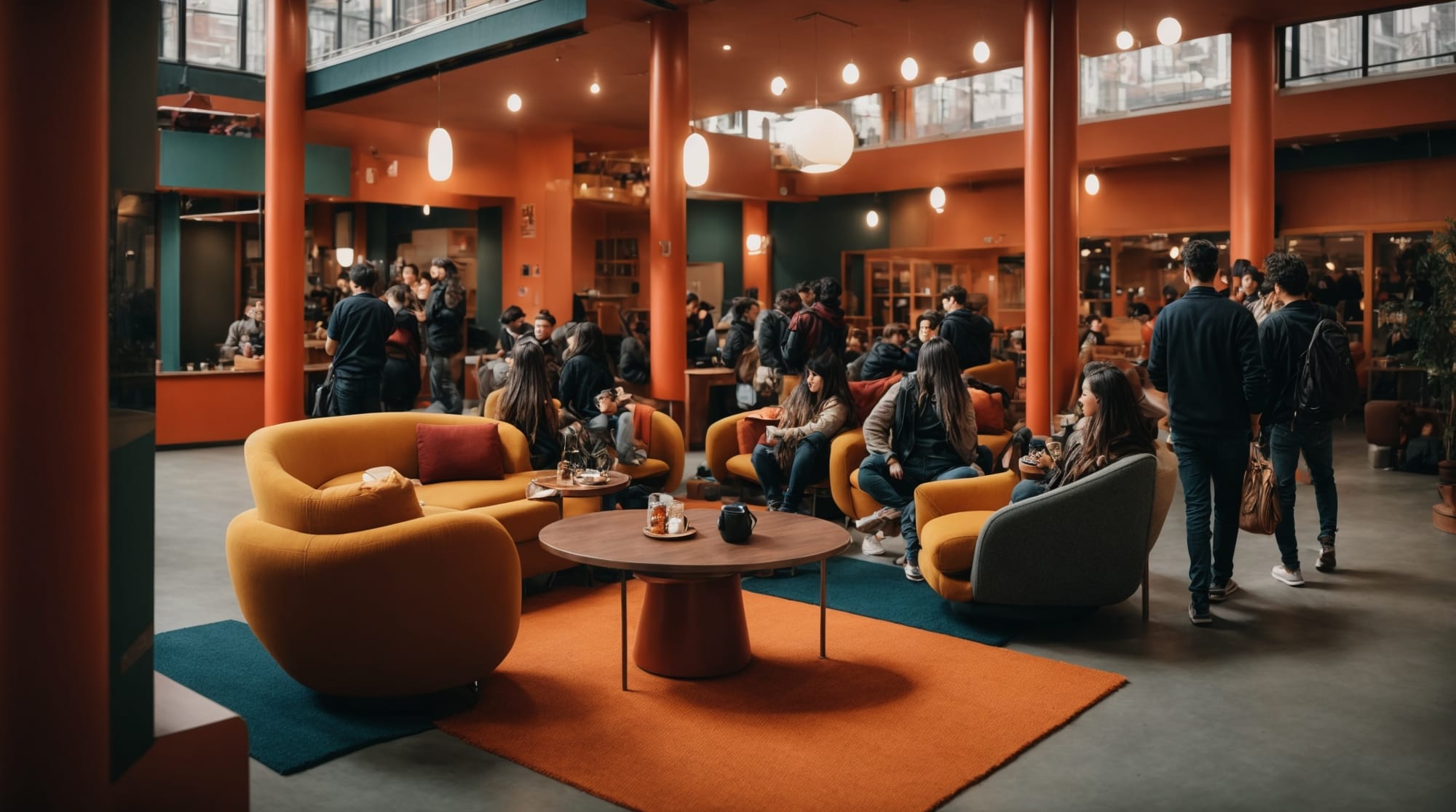 Amsterdam hostels A vibrant hostel lobby filled with travelers in Amsterdam