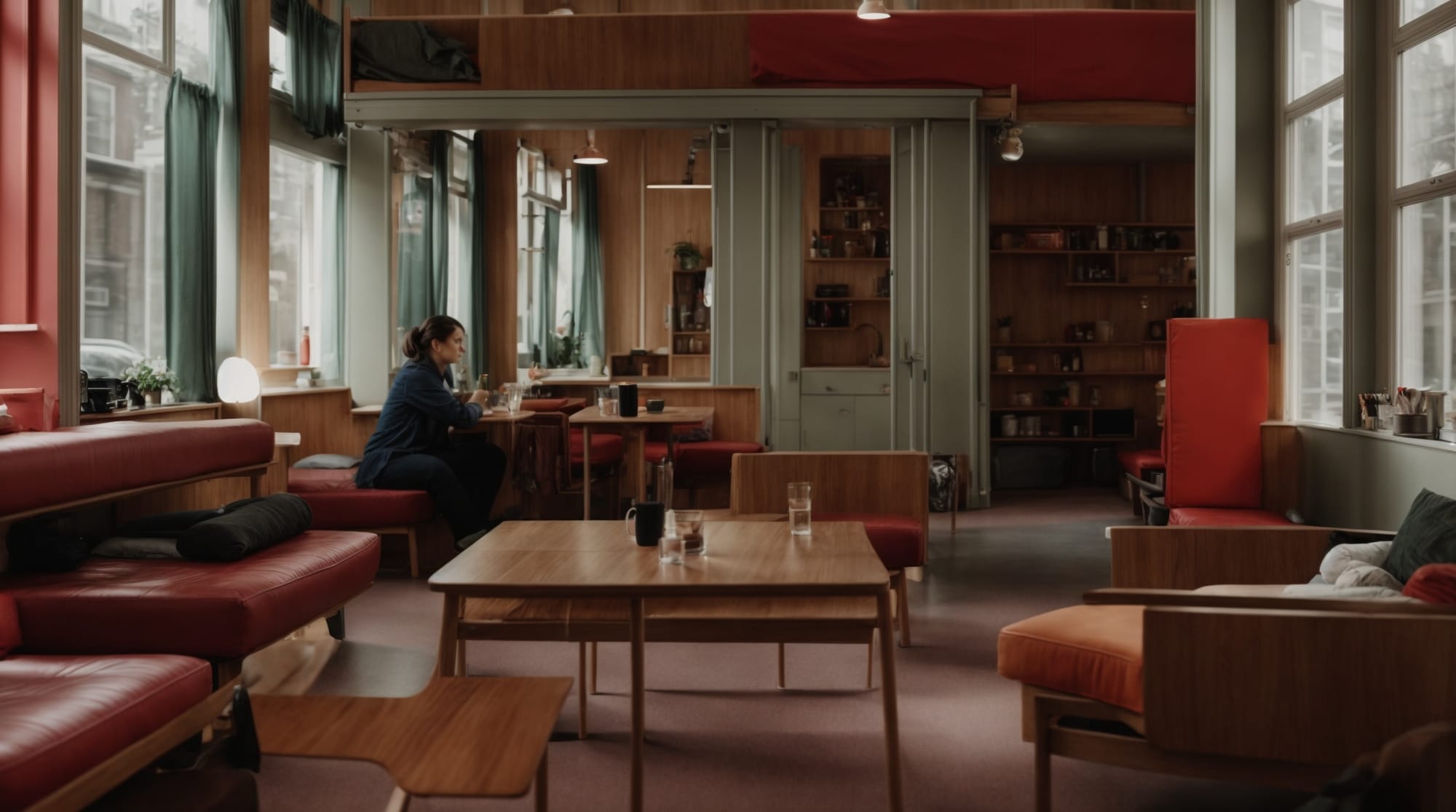 Amsterdam hostels Interior of a friendly hostel common area in Amsterdam