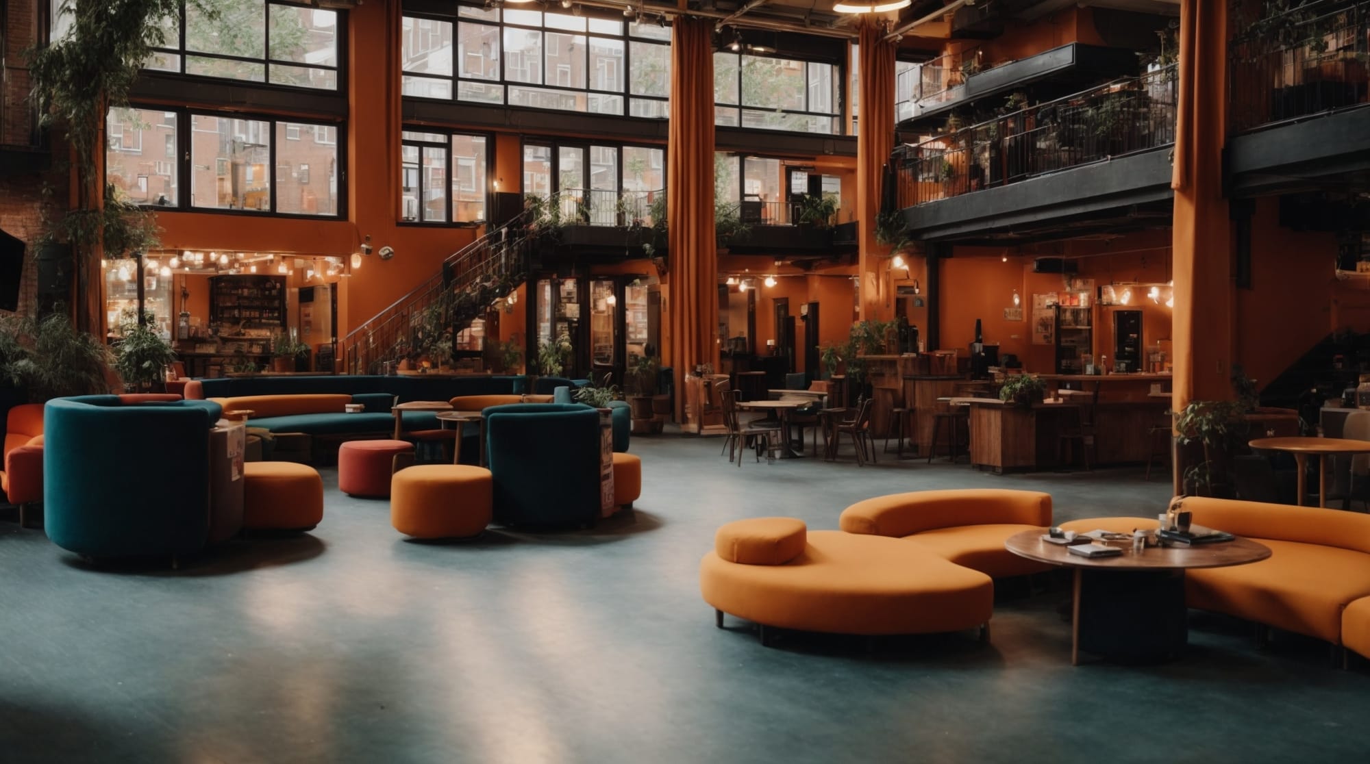 Amsterdam hostels A vibrant common area inside one of Amsterdam's popular hostels, bustling with travelers