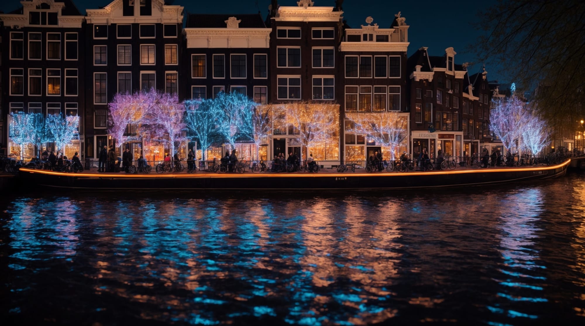 Amsterdam Light Festival Night view of Amsterdam Light Festival, showcasing intricate light artworks reflected on the canal waters