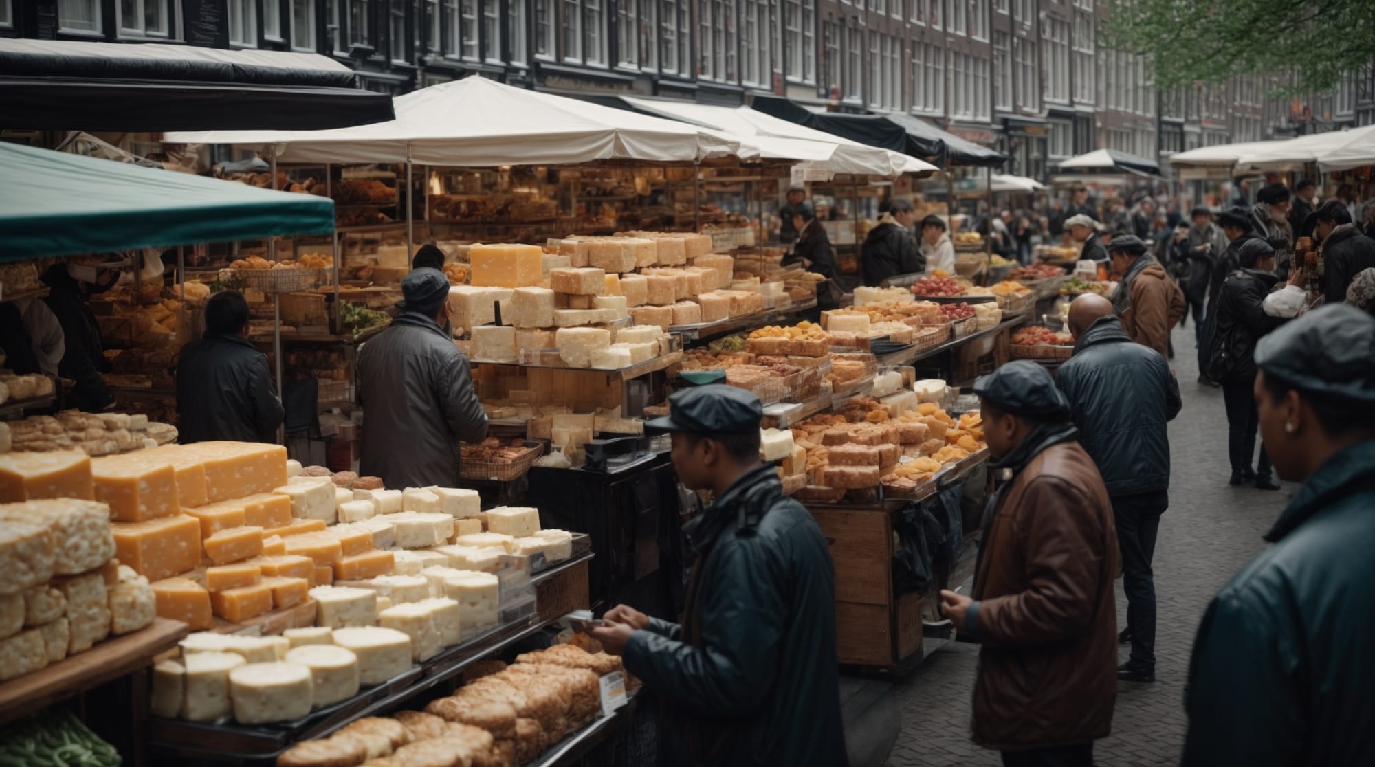 Amsterdam market Image of a bustling market in Amsterdam with vendors selling local cheese and bread