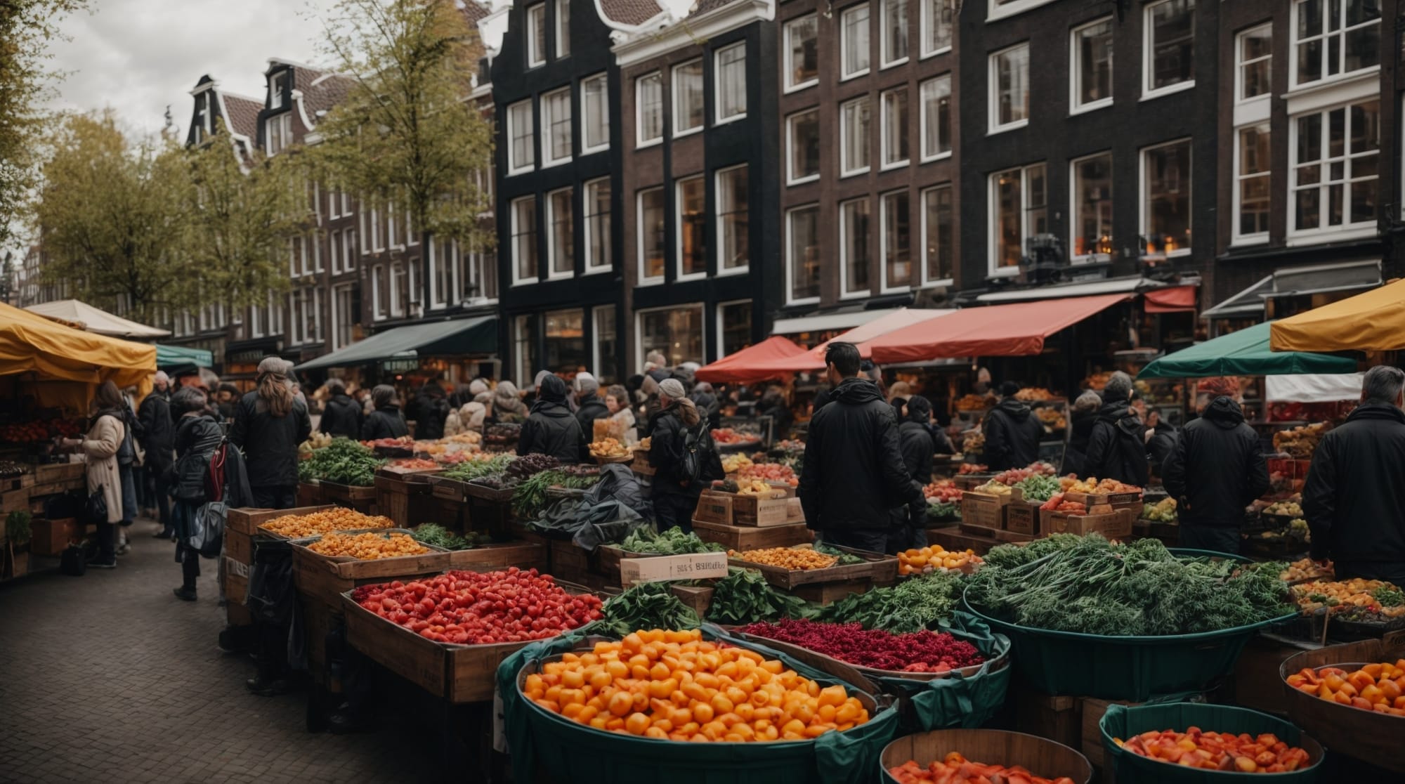 Amsterdam market capture the vibrant atmosphere at a local Amsterdam market during the busy hours