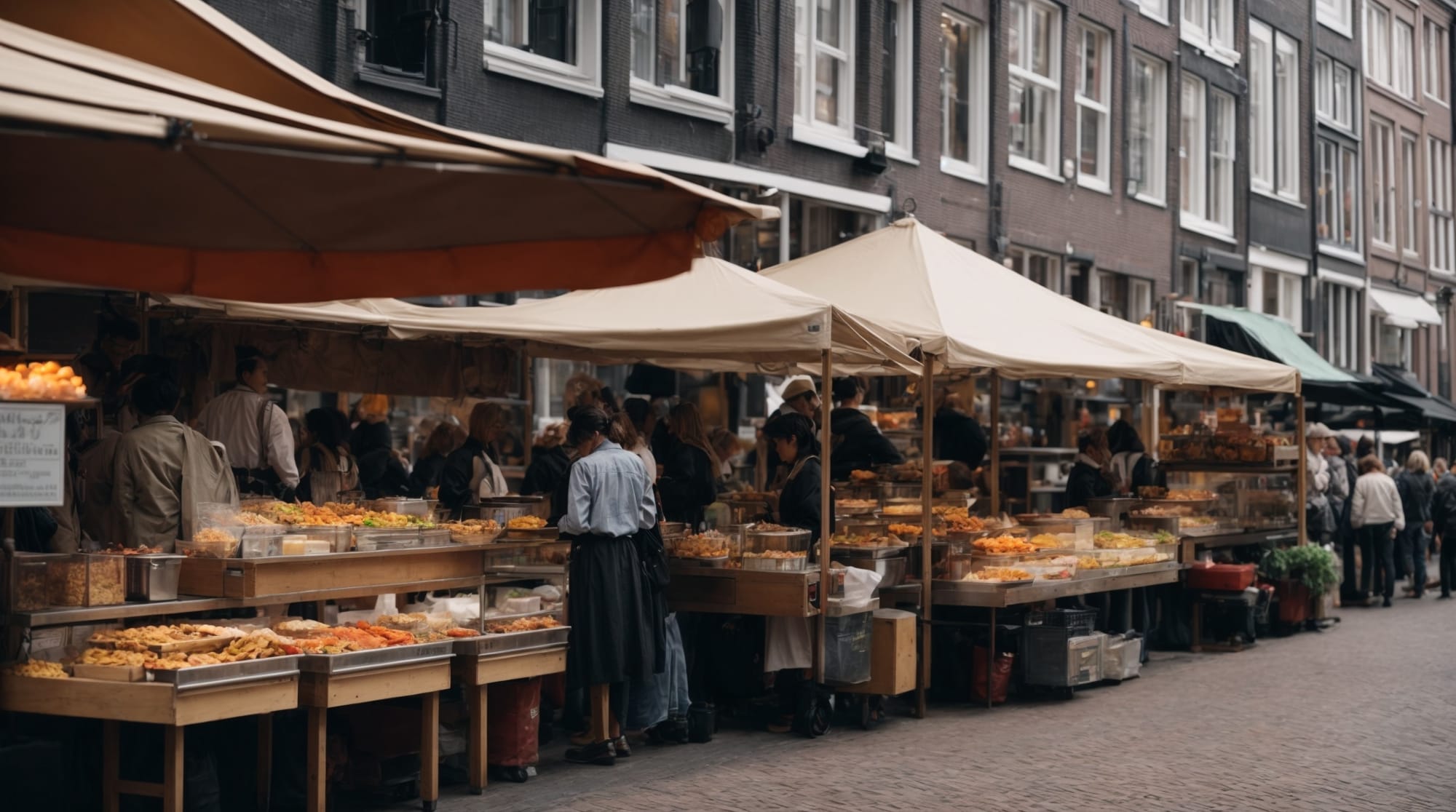 Amsterdam street food A bustling Amsterdam street market with diverse food stalls