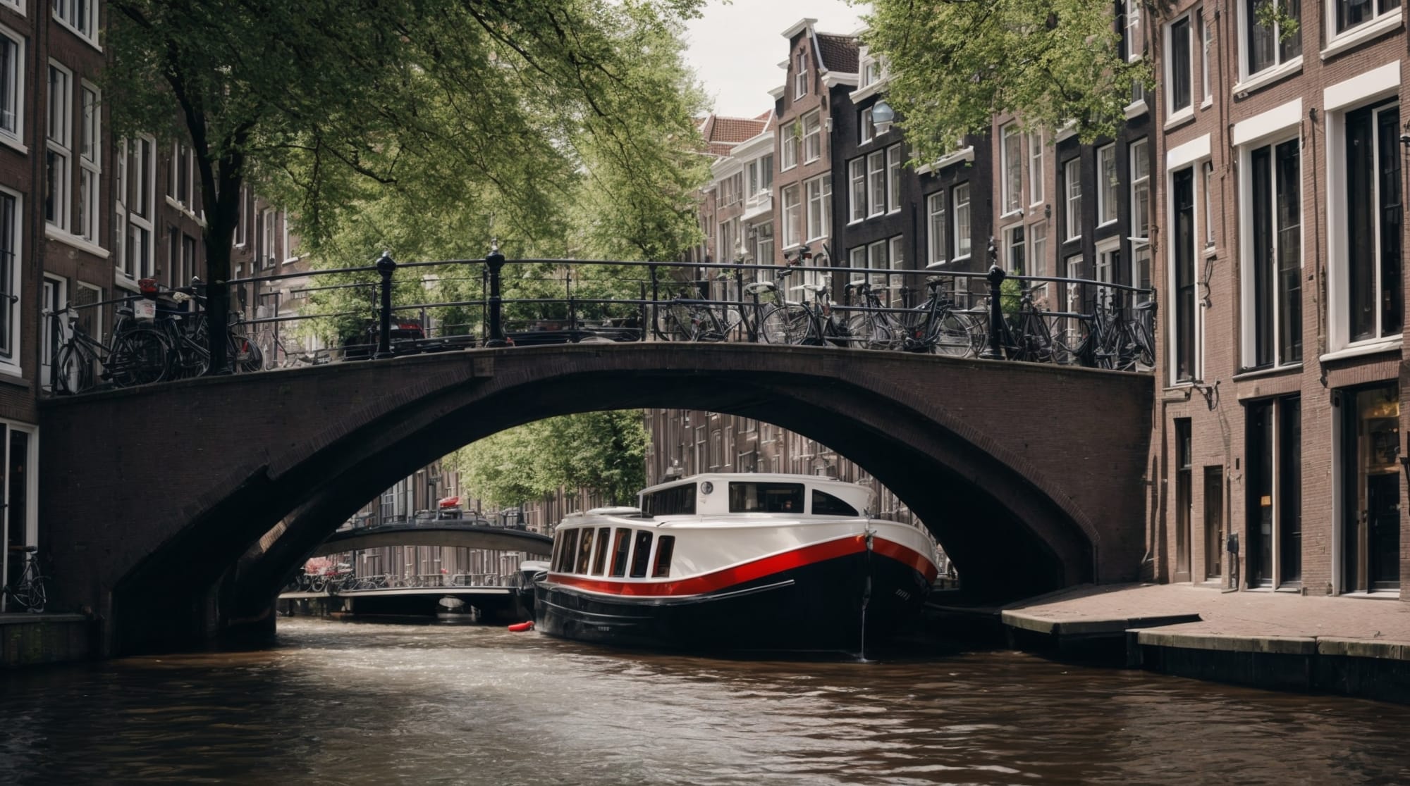 Amsterdam tour tour boat under a bridge in Amsterdam canal, old city architecture in background