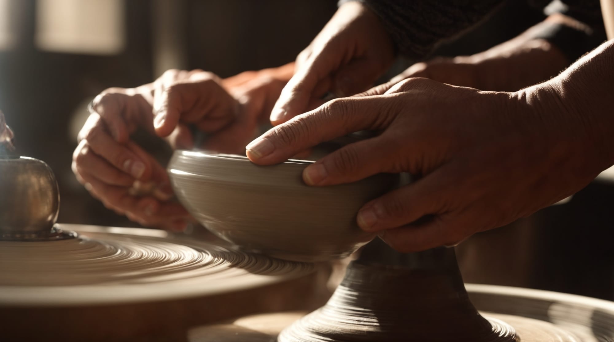 artisan craftsmanship Close-up of hands crafting pottery on a spinning wheel in a sunlit studio