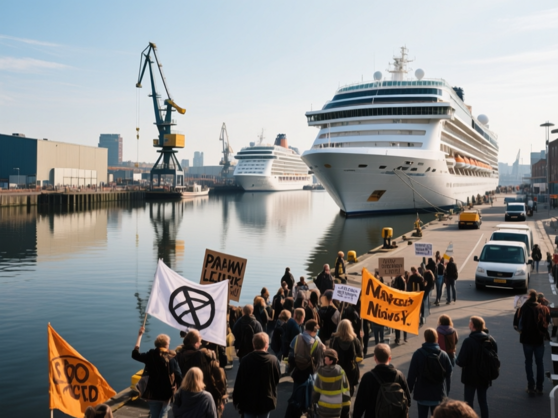 Amsterdam port protest A panoramic view of Amsterdam’s busy port with protest banners and cruise ships in the background, capturing the tense atmosphere of the protest.