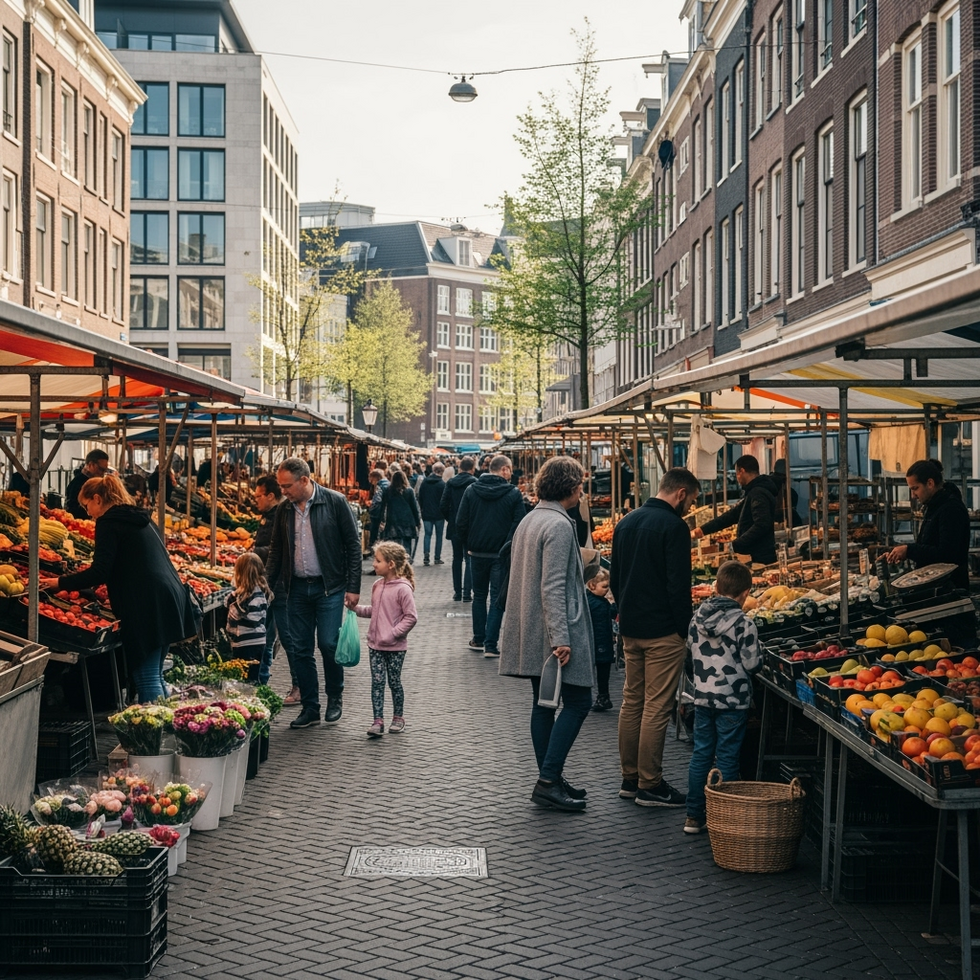 Amsterdam local markets a bustling street market scene in De Pijp with vibrant stalls and diverse visitors