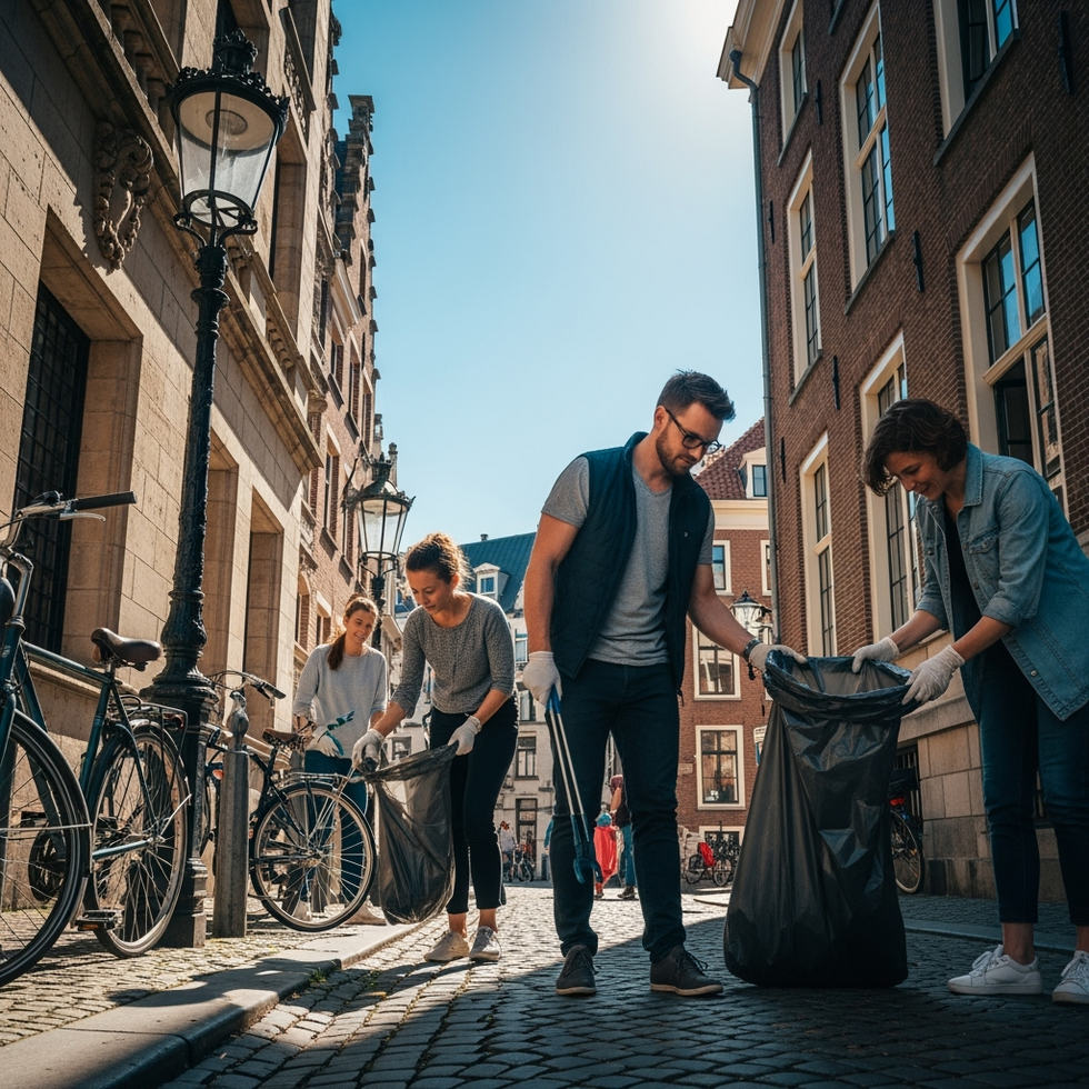 community cleanup A vibrant community cleanup event in Amsterdam with residents actively collecting litter in the city center