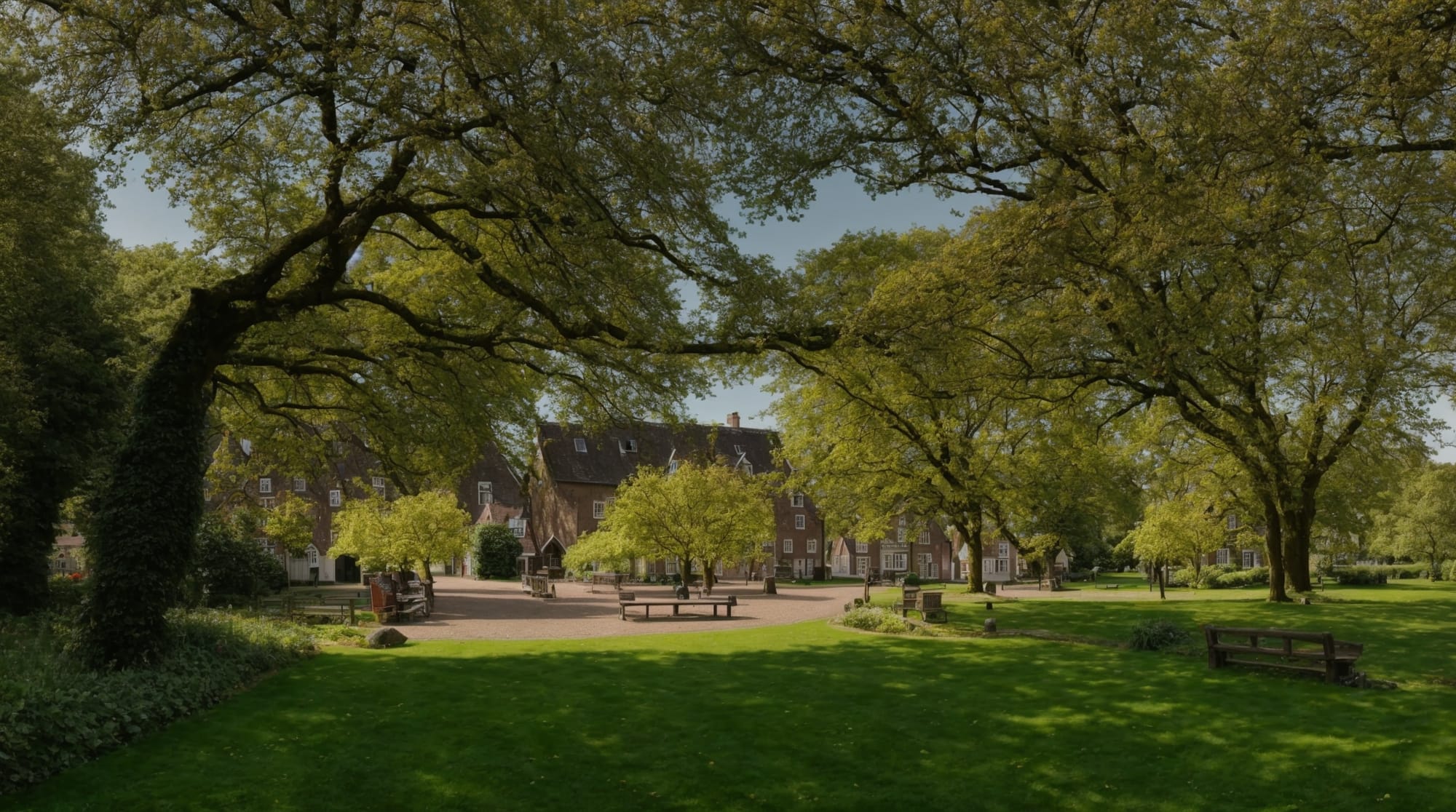 A serene view of Begijnhof, showcasing its historic architecture and peaceful green spaces.