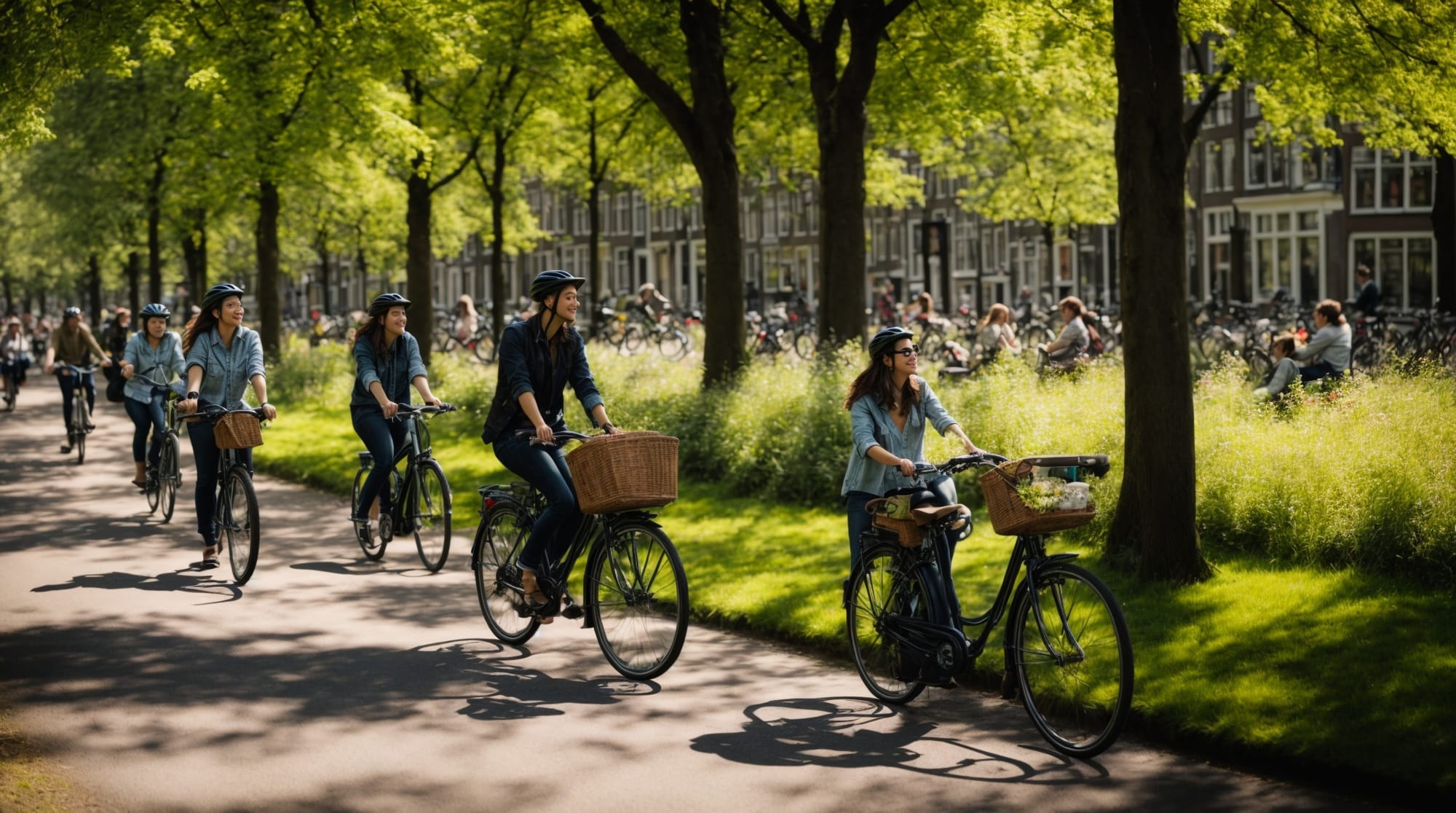 bike tours Amsterdam cyclists enjoying a sunny day in Amsterdam's Vondelpark with vibrant green landscapes