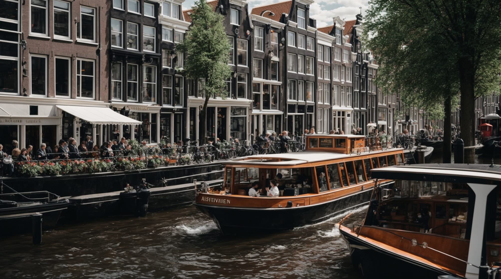 boat tour Afternoon boat tour on Amsterdam's busy canals with cityscape and tourists