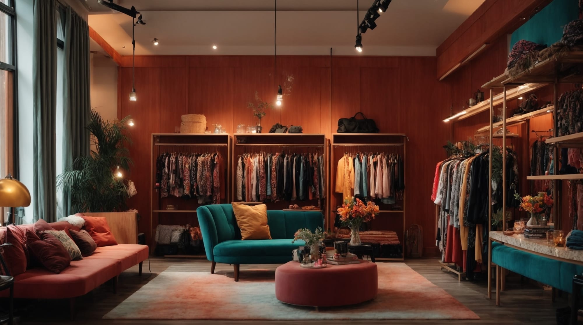 boutique interior a cozy, colorful boutique interior filled with unique clothing and accessories
