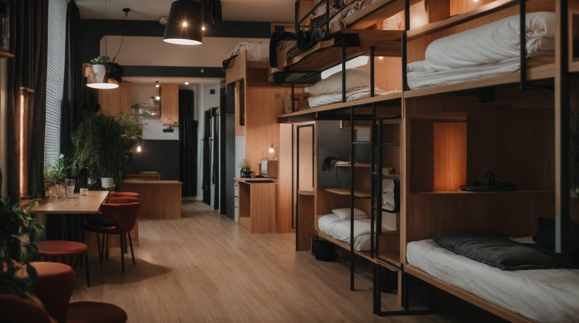 budget hotels Amsterdam Interior of a cozy and modern Amsterdam hostel, featuring shared spaces