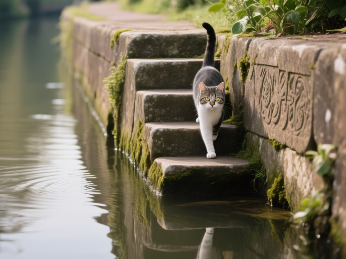 canal stairway for cats Close-up of a tiny stairway built into a canal bank with a cat using it to climb out.