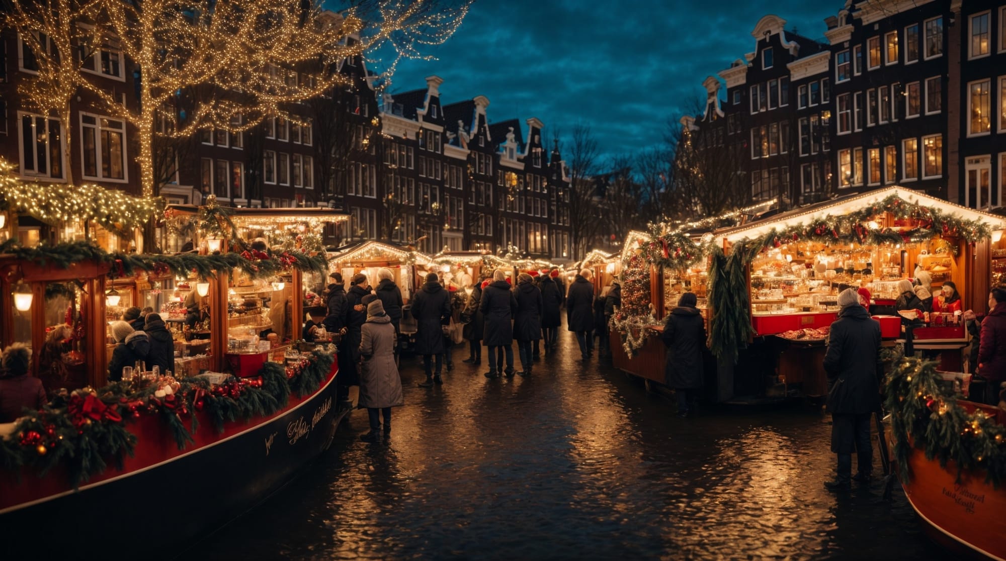 Christmas markets cozy Amsterdam Christmas market scene with lights and decorations along the canals