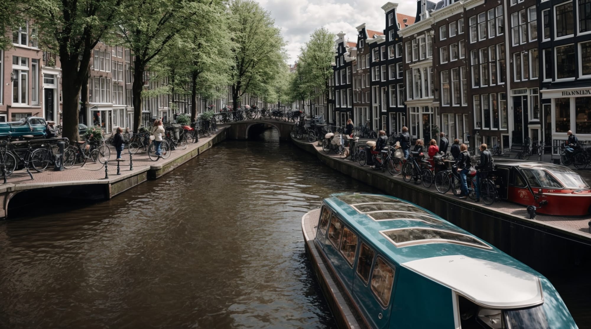 city tours Tourists enjoying landmarks views from a canal boat in Amsterdam