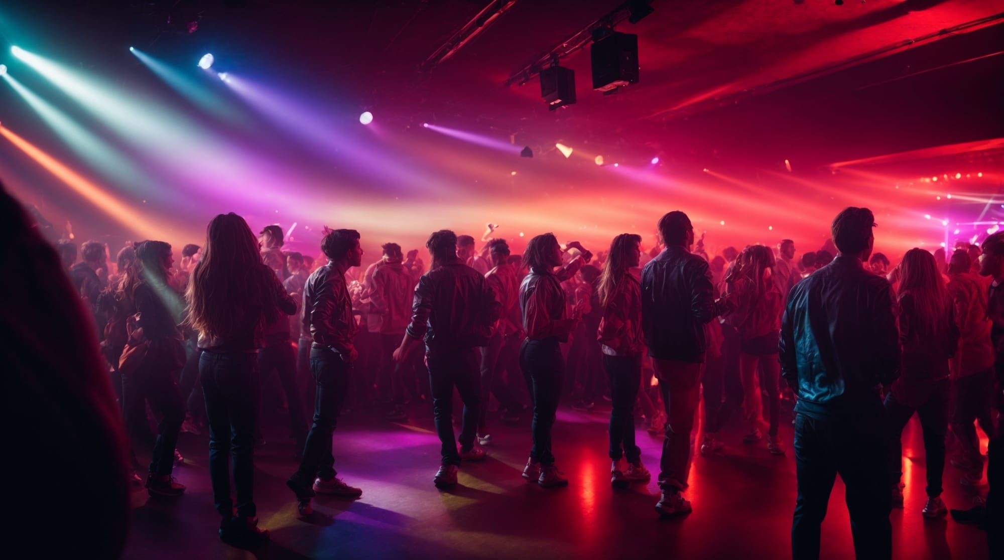 dance clubs Dance floor scene at a busy Amsterdam dance club with colorful lights and energetic crowd
