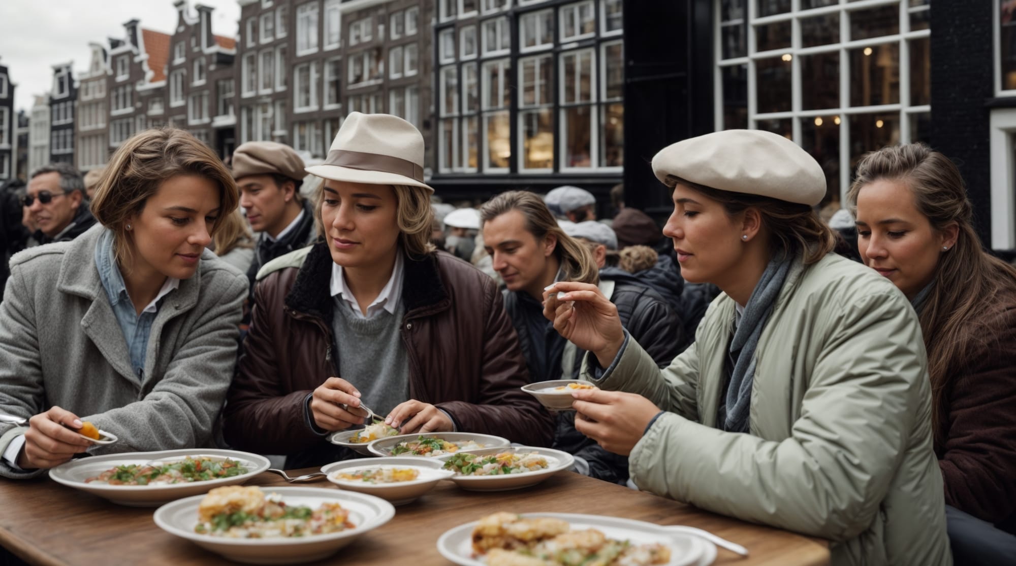 Dutch cuisine Tourists tasting traditional Dutch herring on an Amsterdam Culinary Tour