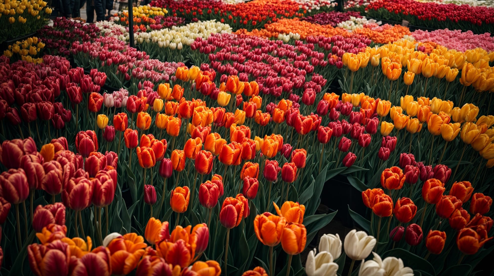 Dutch culture A vibrant scene at a Dutch flower market, showcasing a variety of tulips