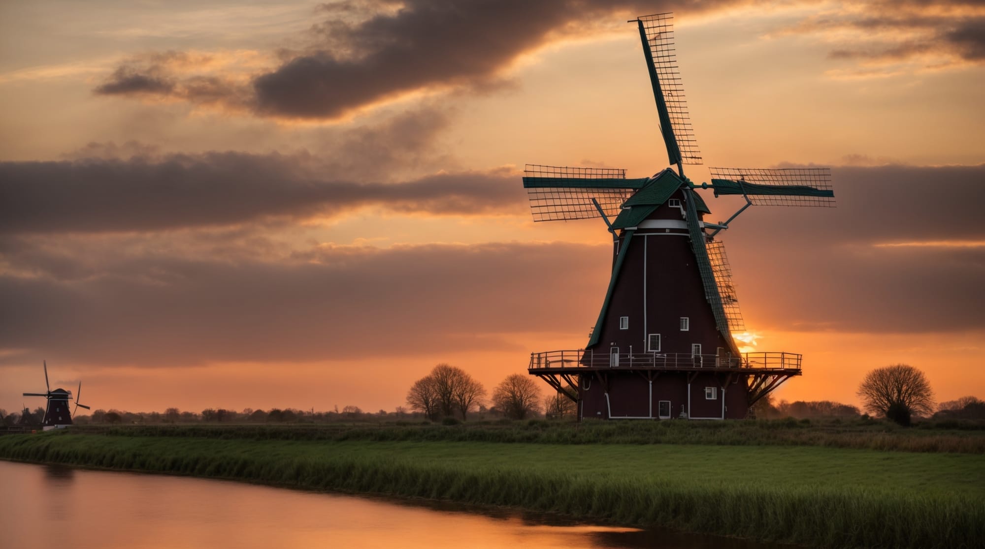 Dutch culture A scenic view of traditional Dutch windmills against a sunset.