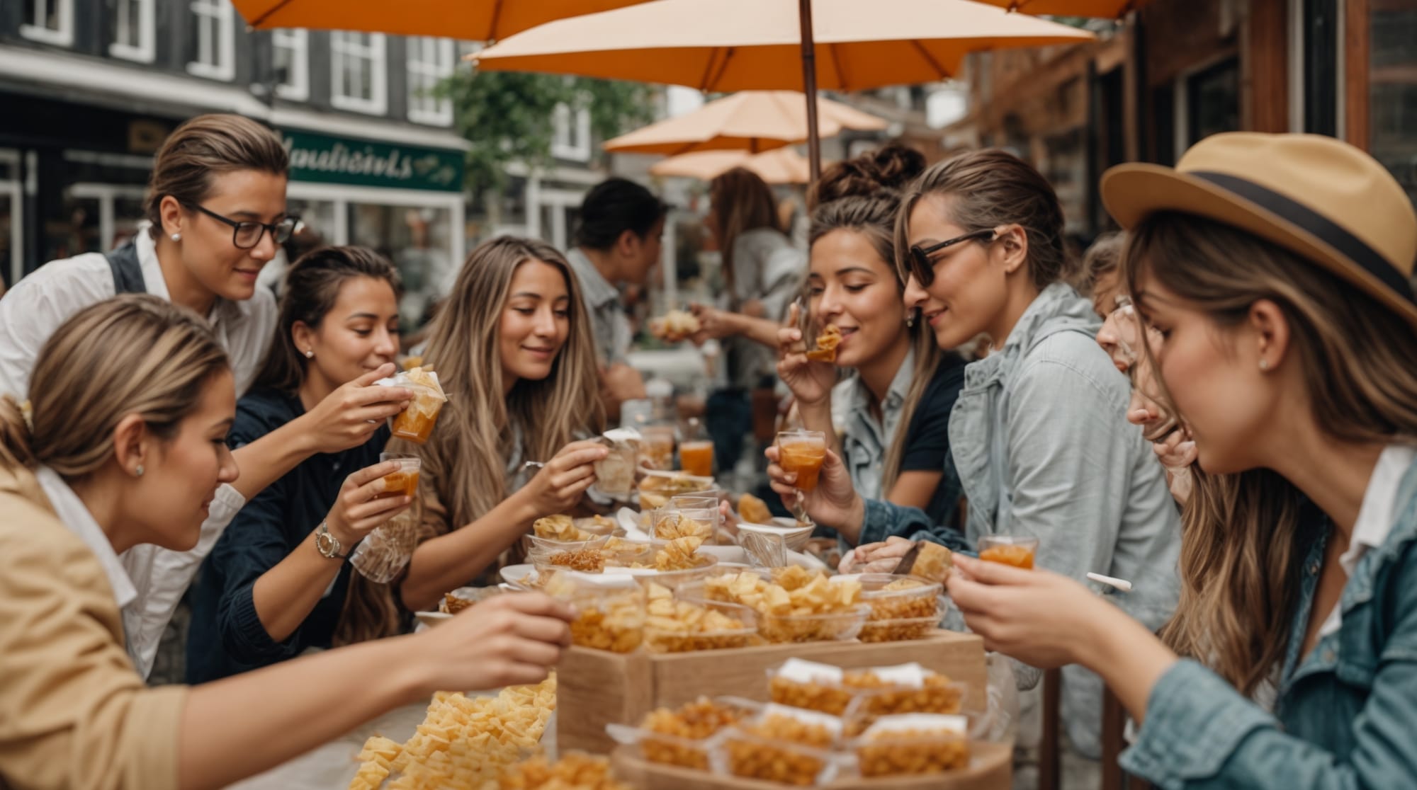 Dutch flavors Tourists tasting traditional Dutch snacks at a local eatery