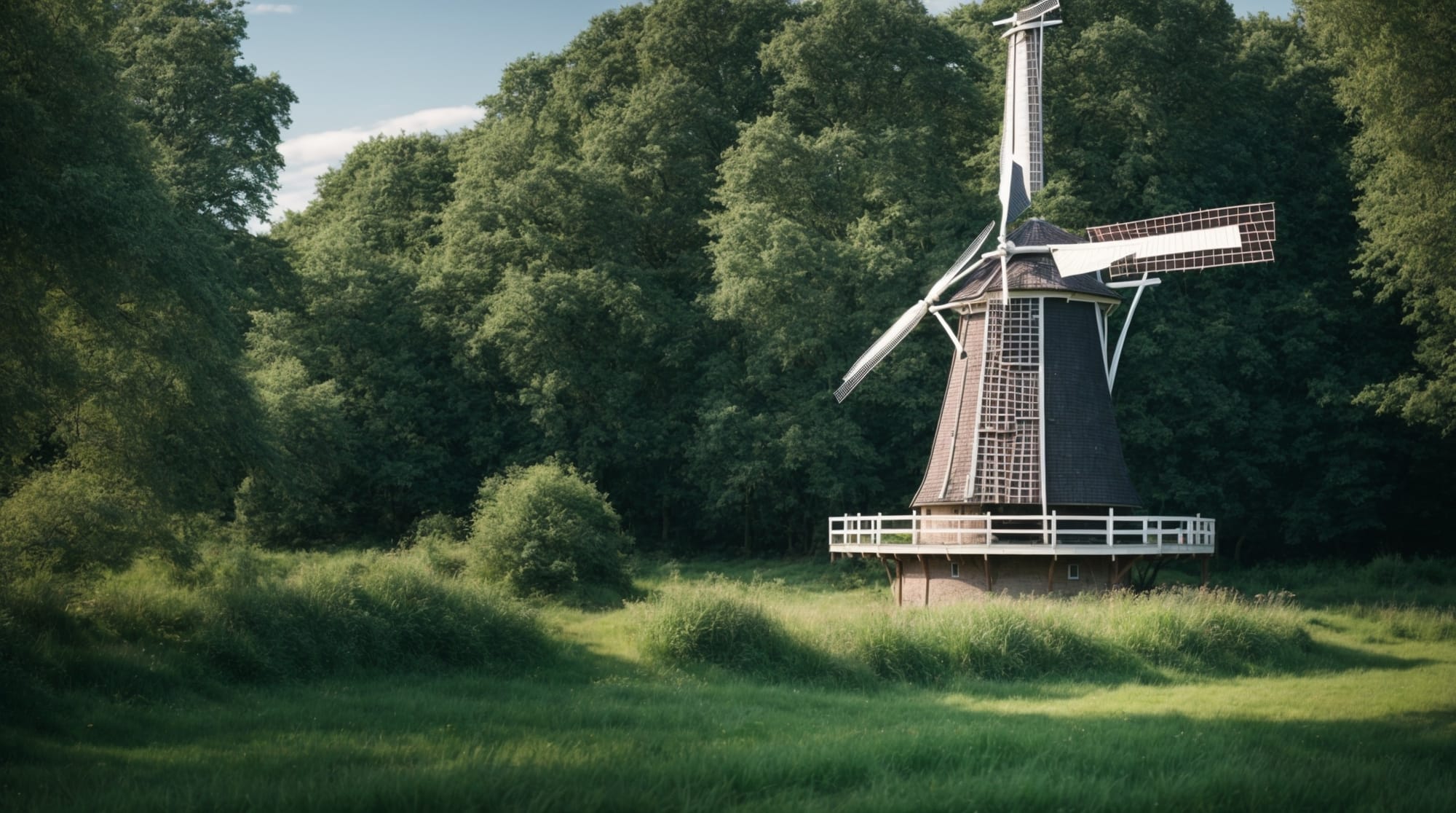 Dutch windmill Classic Dutch windmill against a backdrop of blue sky and lush green fields
