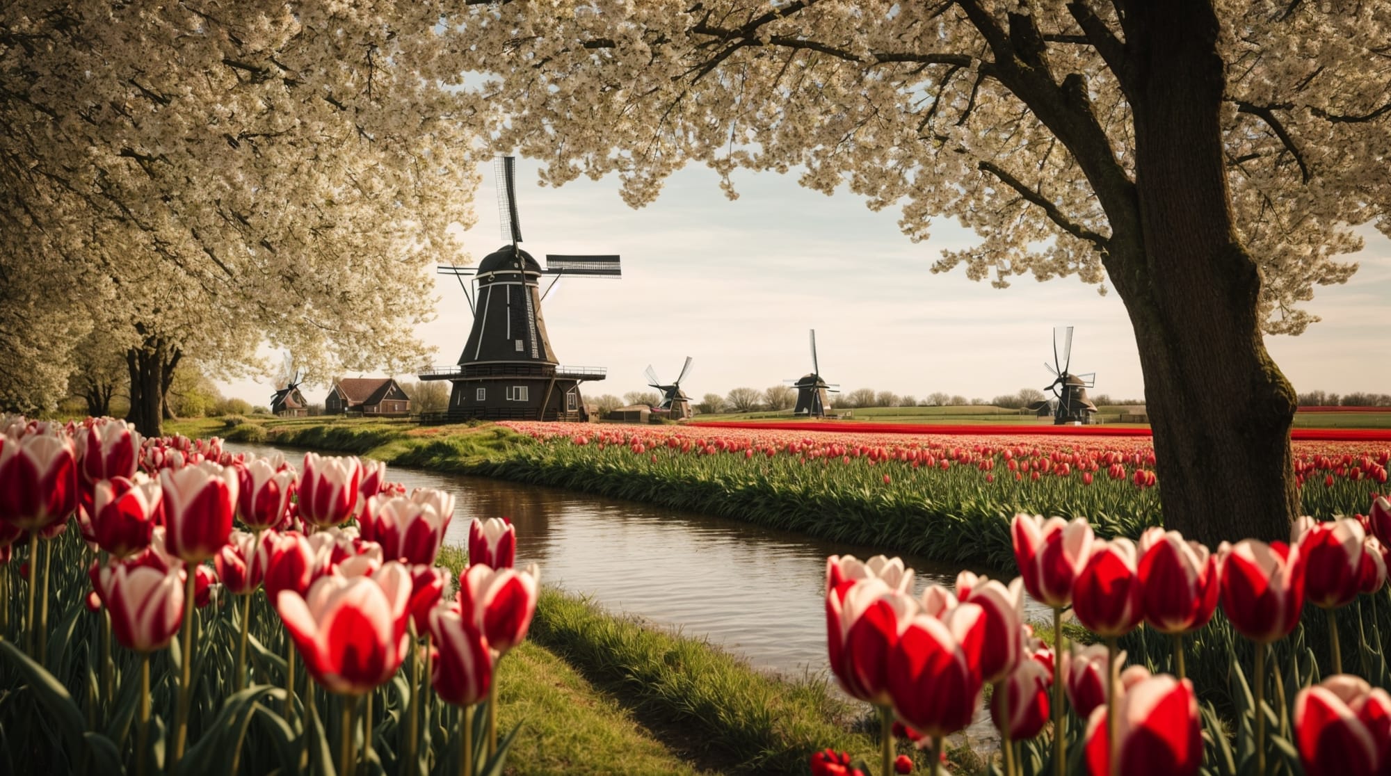 Dutch windmill A scenic view of a traditional Dutch windmill surrounded by tulips under a bright sky