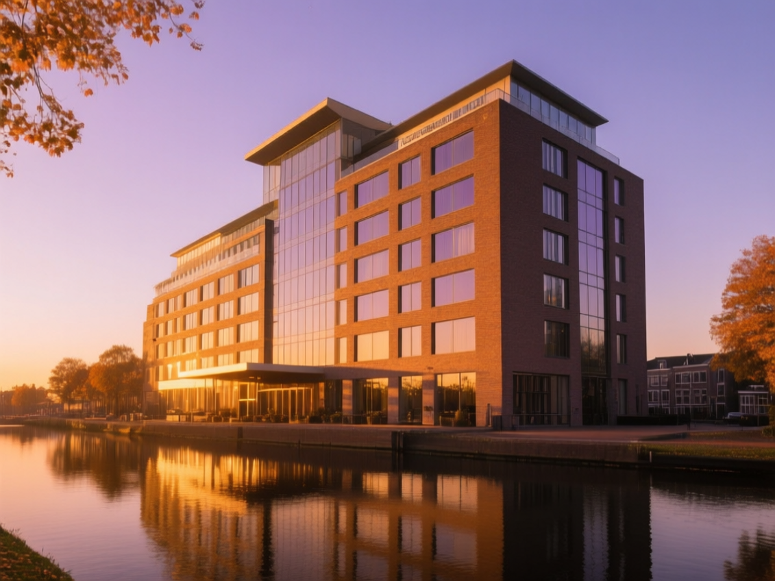 Amsterdam Hotel exterior A panoramic view of the Amsterdam Hotel's elegant exterior with modern Dutch architectural influences, set during sunset