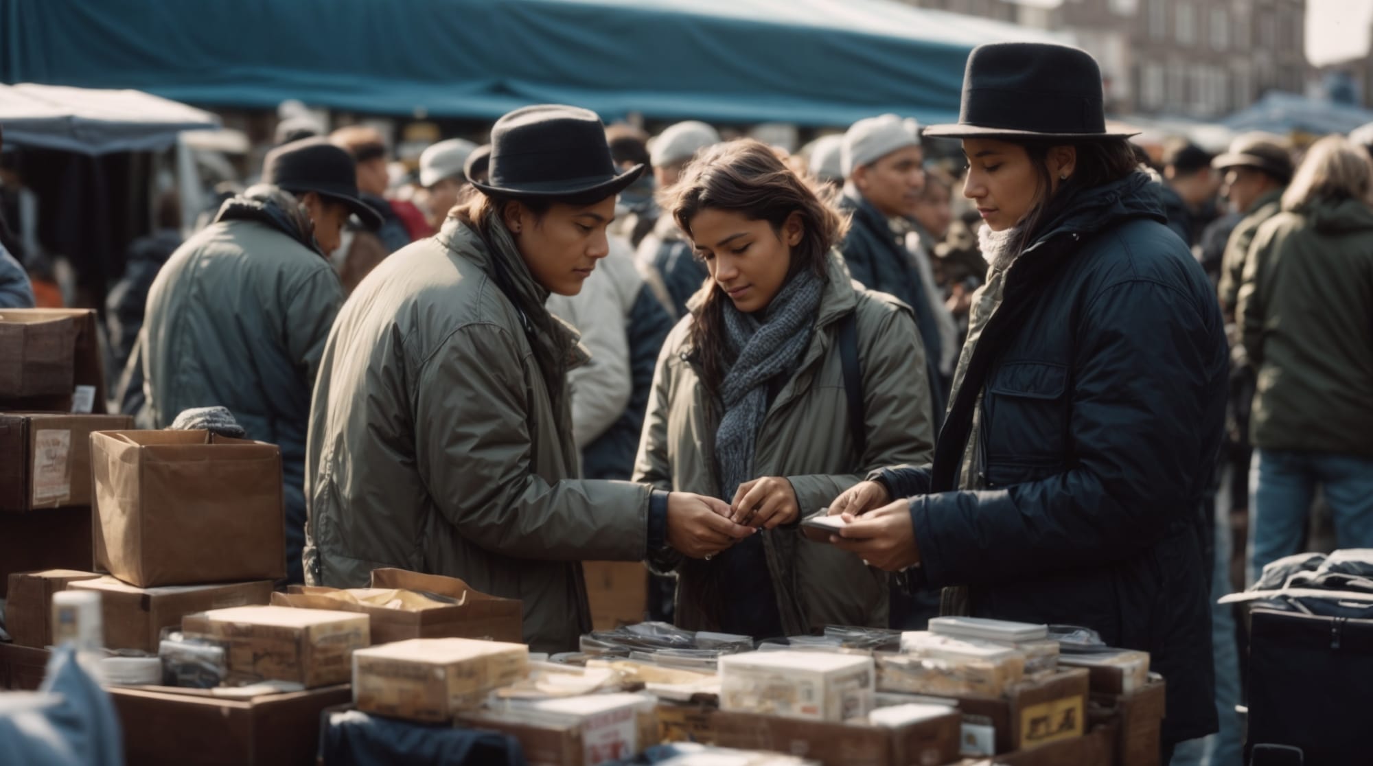 Shoppers bargaining for goods at a busy Amsterdam flea market
