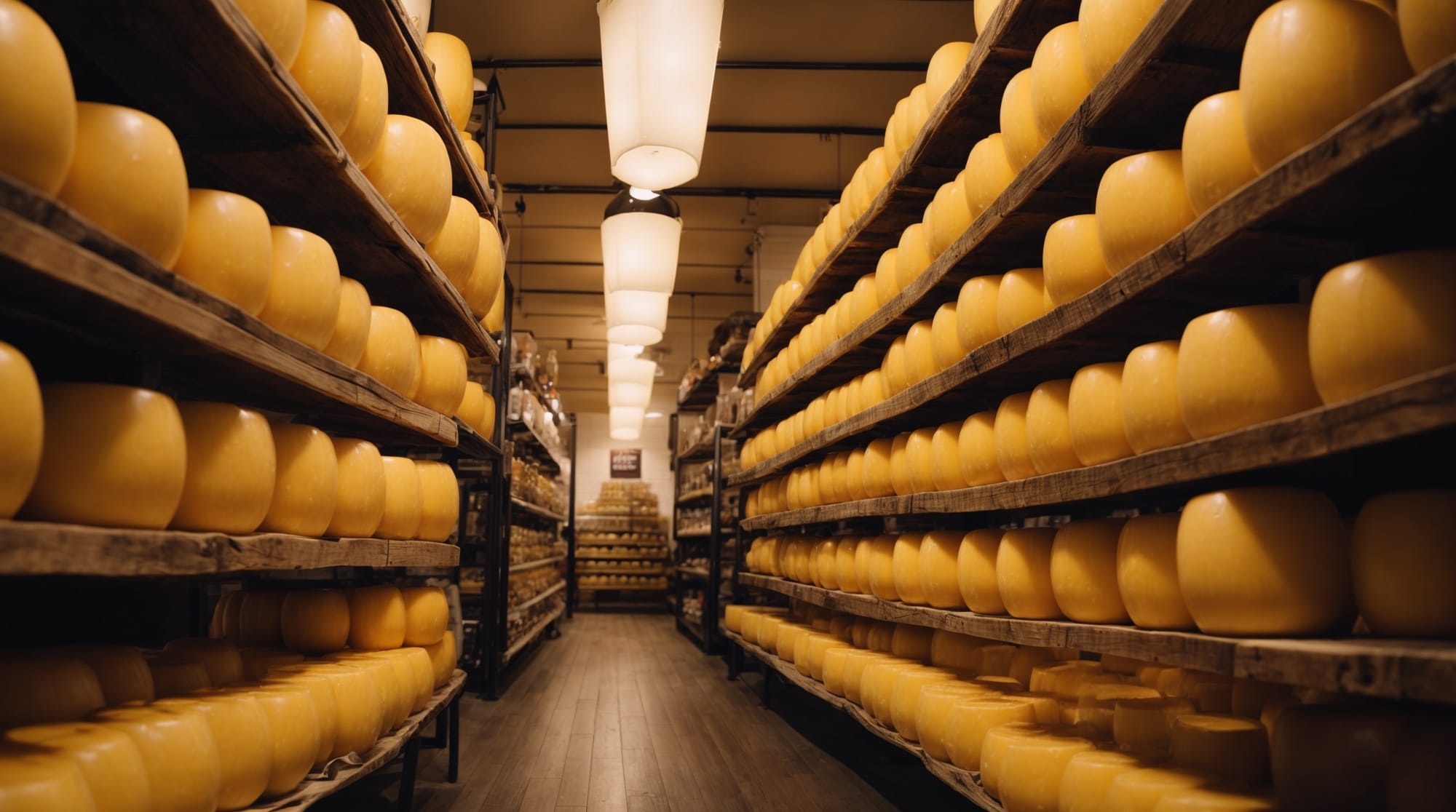 Rows of aged Gouda cheese wheels in a small Amsterdam cheese shop