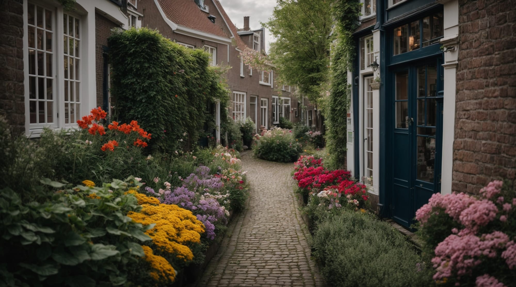 hidden historical Amsterdam A quaint garden path leading through a traditional Amsterdam hofje, showcasing time-worn stone structures and colorful flowers.
