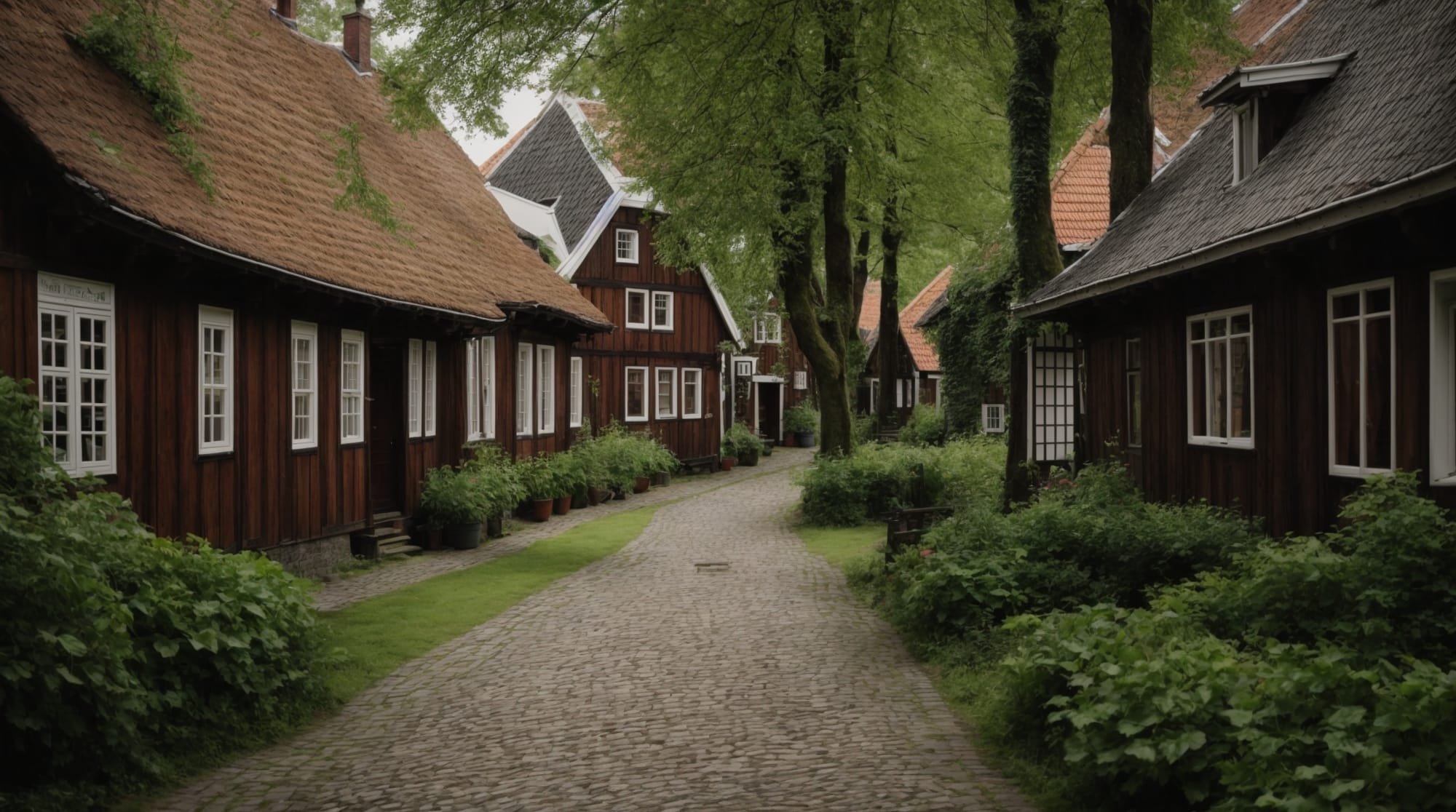 historical sites Historic wooden houses inside The Begijnhof, surrounded by lush greenery and cobblestone paths.