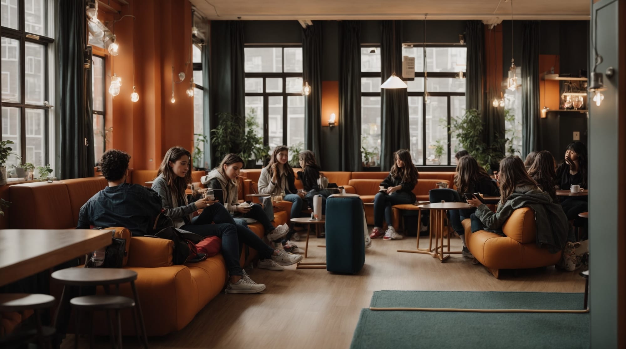 hostels Lively common area in an Amsterdam hostel, with travelers interacting