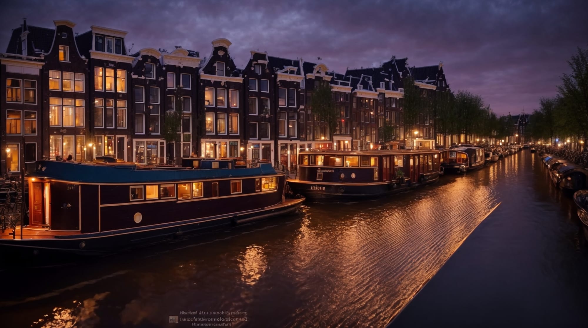 houseboats Amsterdam Amsterdam canal at sunset with traditional Dutch houseboats lined up