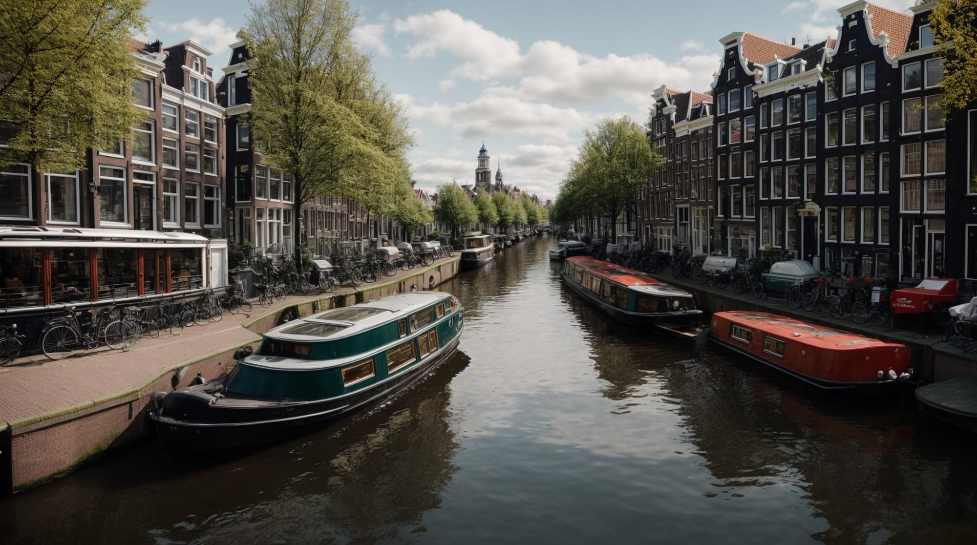 houseboats Amsterdam Scenic view of an Amsterdam canal with houseboats, showcasing a serene lifestyle on the water.