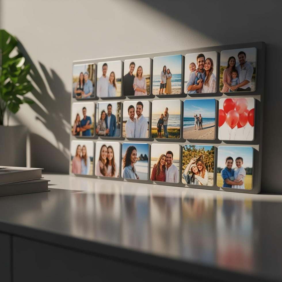 customized photo magnets Display of various personalized square photo magnets featuring family, travel, and celebration photos, arranged on a vibrant magnetic board.