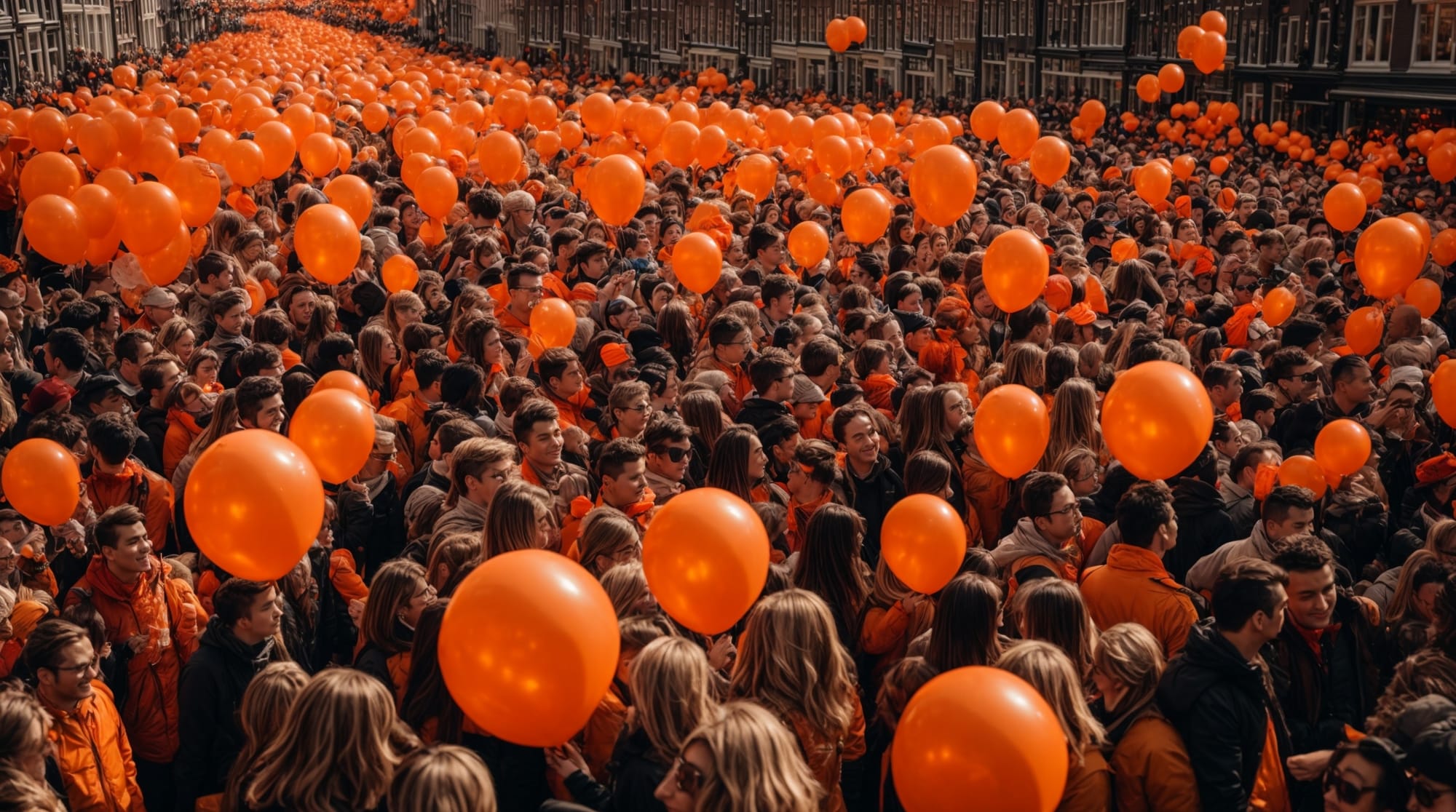 King's Day Orange decorations and lively crowds celebrating King's Day in Amsterdam