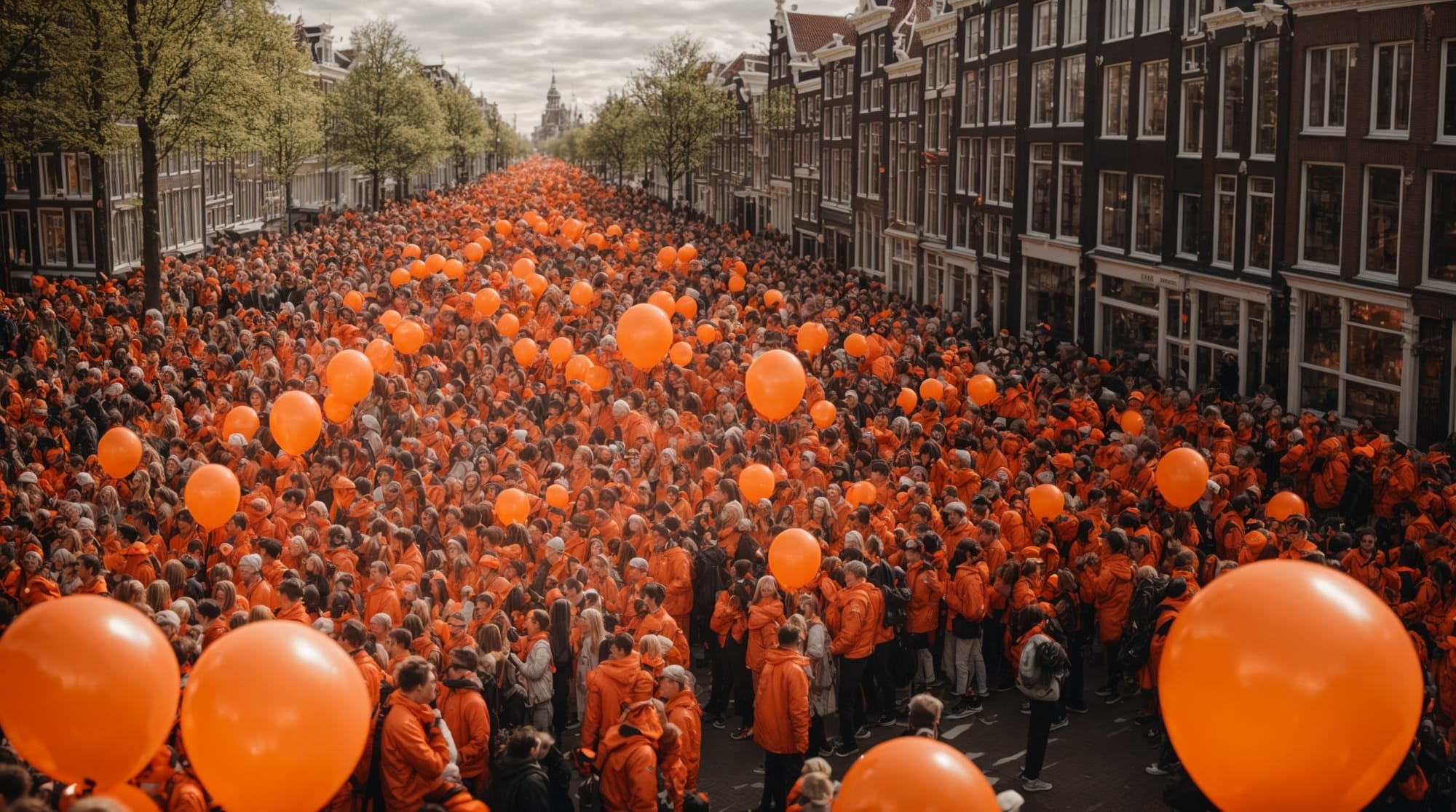 Crowds dressed in orange celebrating King's Day in Amsterdam.