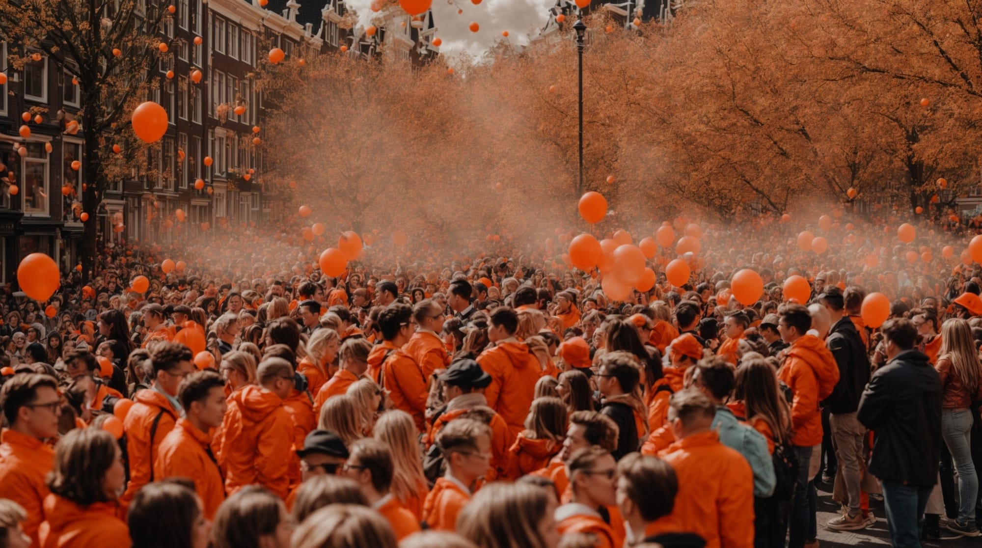 King's Day Crowds celebrating King's Day in Amsterdam, wearing orange and enjoying the festivities
