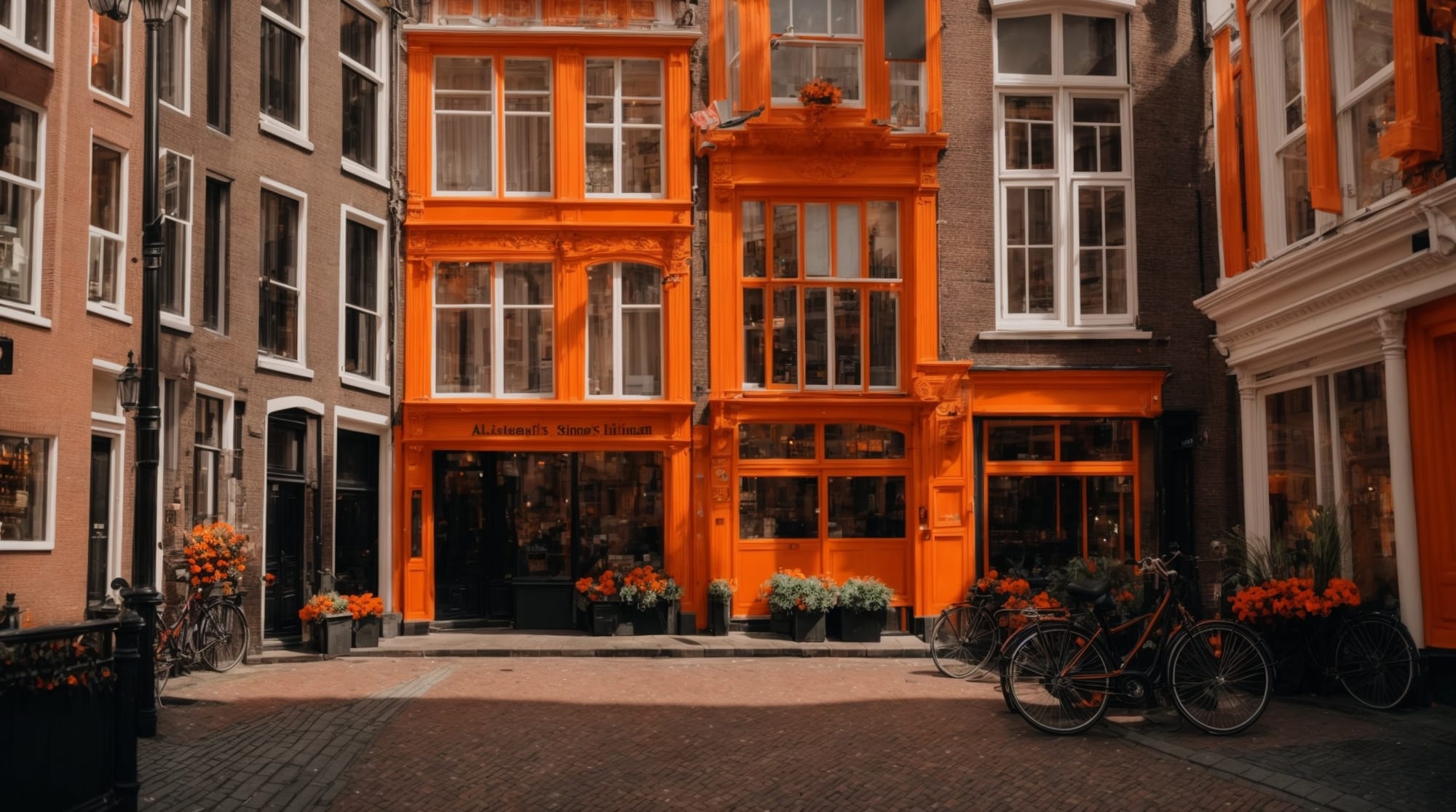 King's Day Street view of Amsterdam decorated in vibrant orange for King's Day