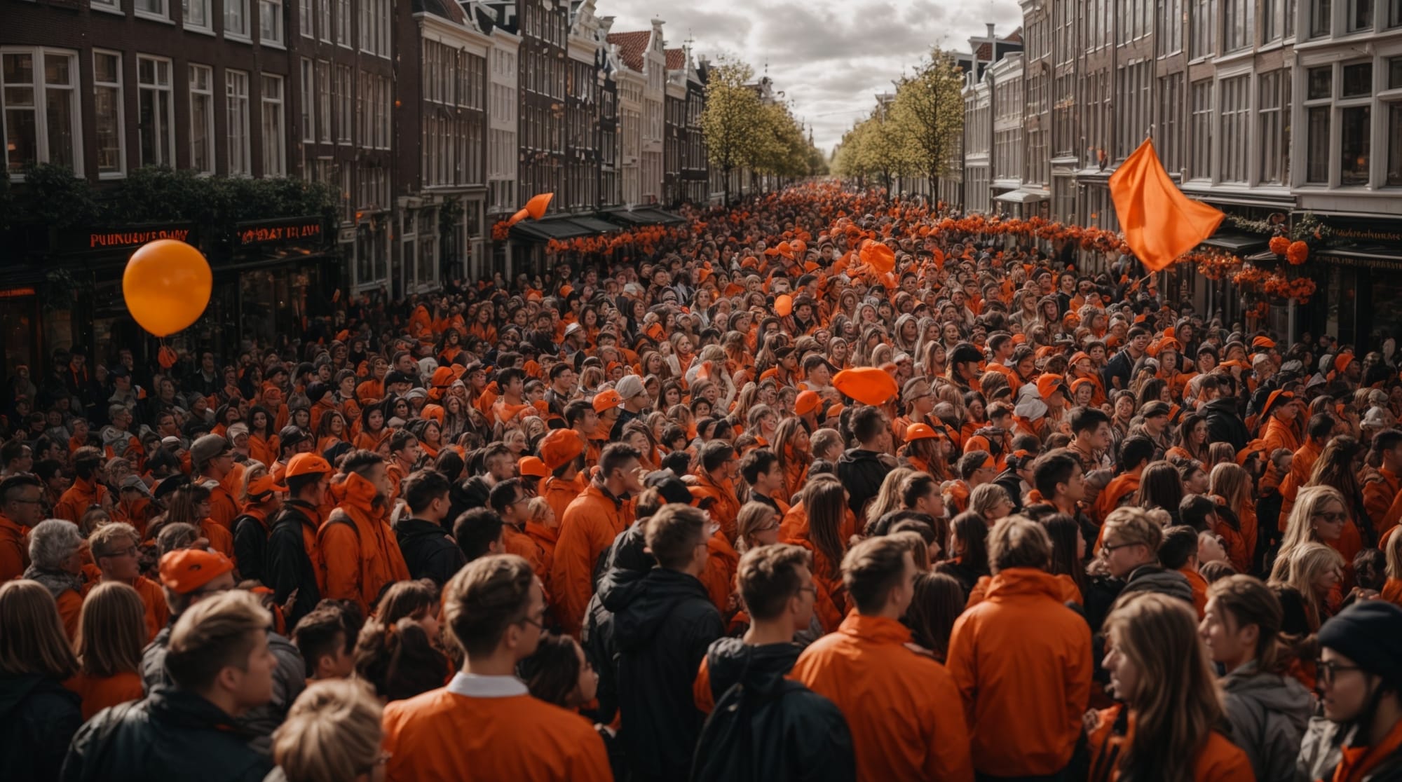 King's Day crowds of people in orange celebrating King's Day in Amsterdam