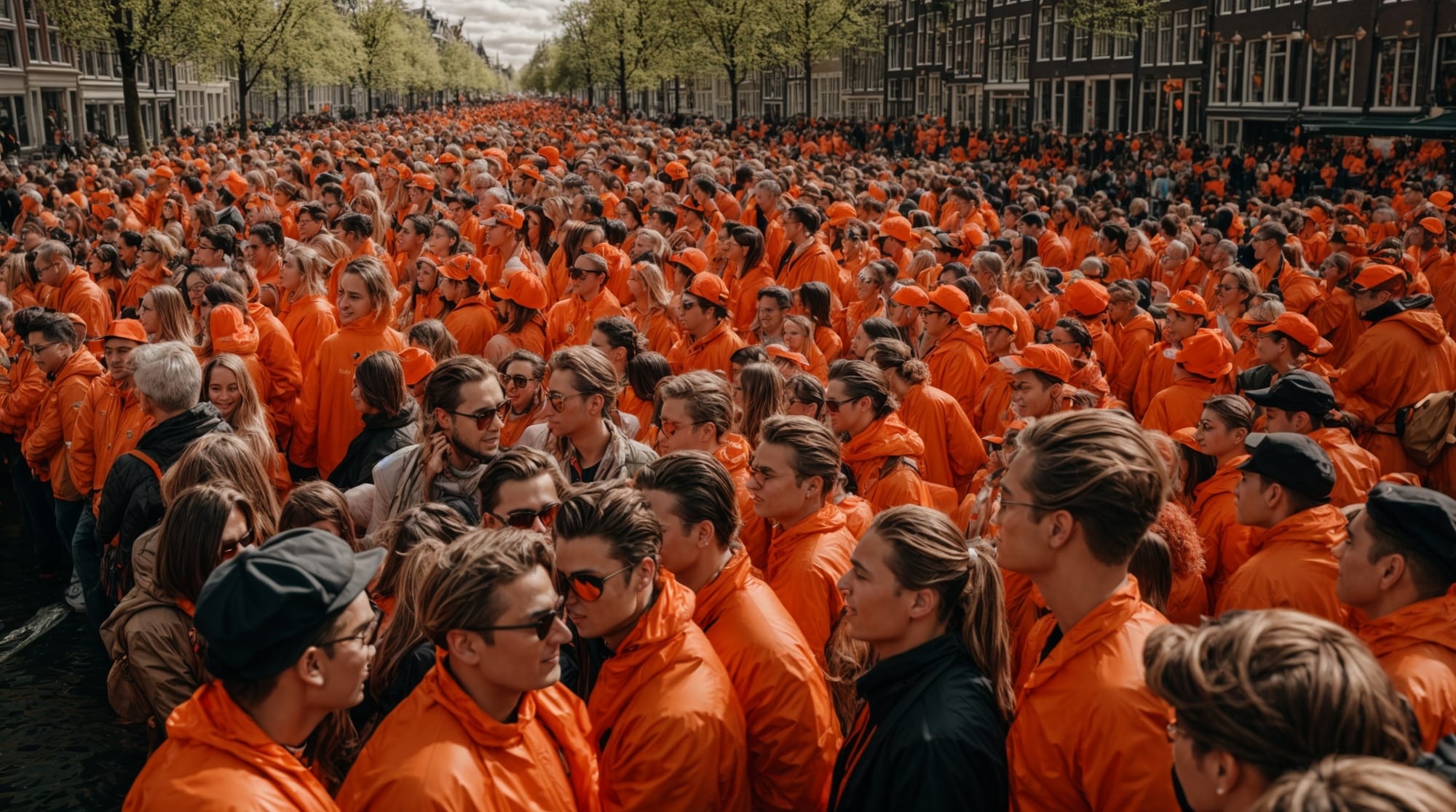 King's Day crowds celebrating King's Day in Amsterdam, dressed in orange, enjoying the festivities around the canals