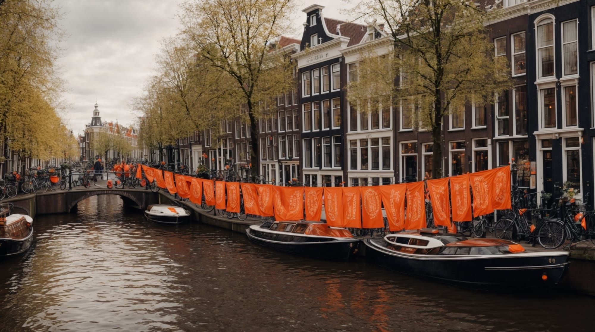 King's Day Photograph of Amsterdam canals decorated with orange banners during King's Day