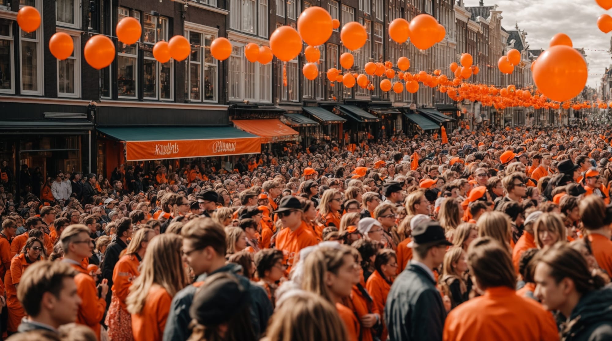Crowds celebrating King's Day in Amsterdam, wearing orange and enjoying the festivities