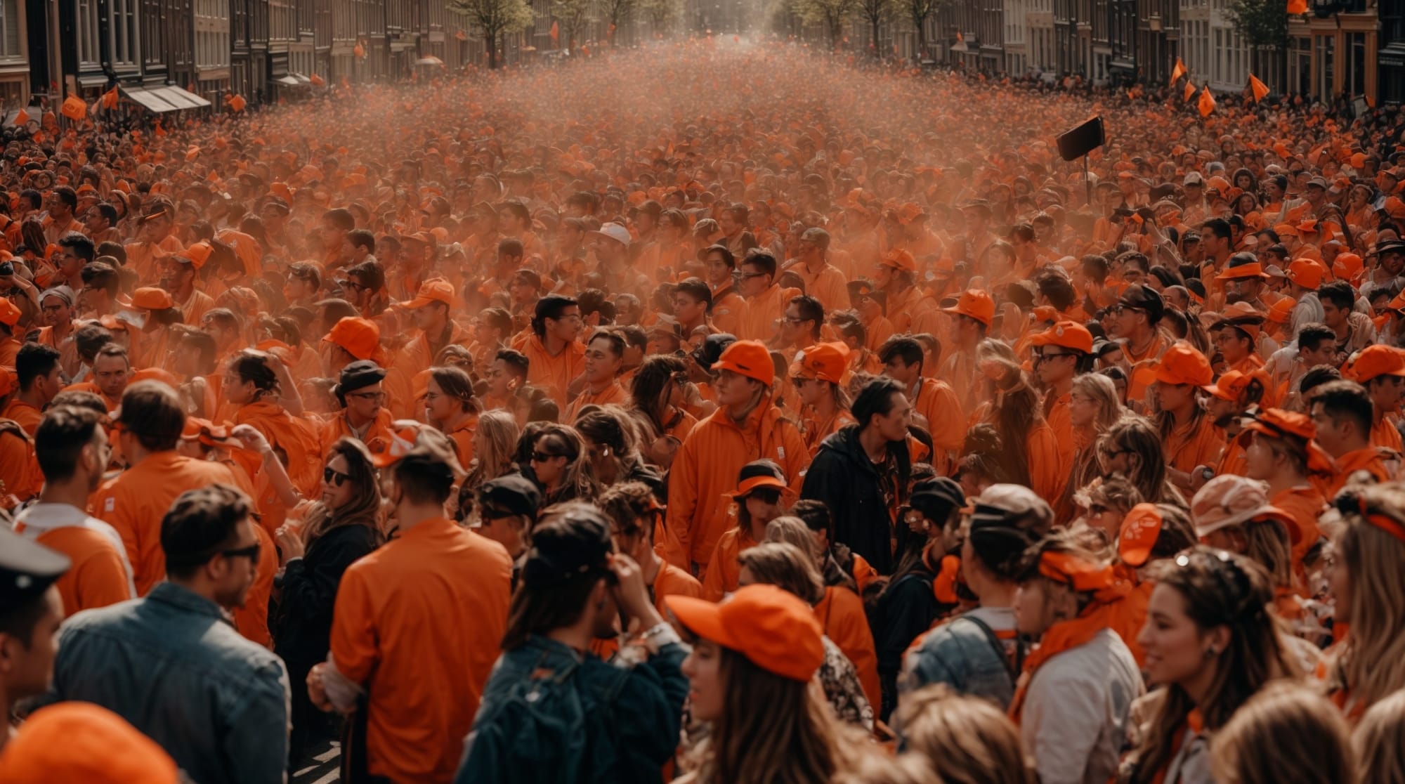 King's Day crowds wearing orange partying in the streets of Amsterdam during King's Day