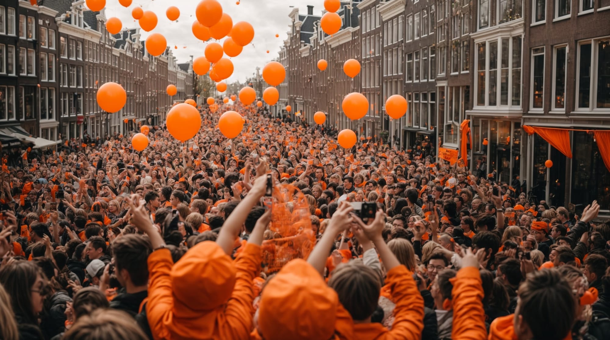 King’s Day Amsterdam crowd celebrating King's Day in Amsterdam with orange decorations everywhere