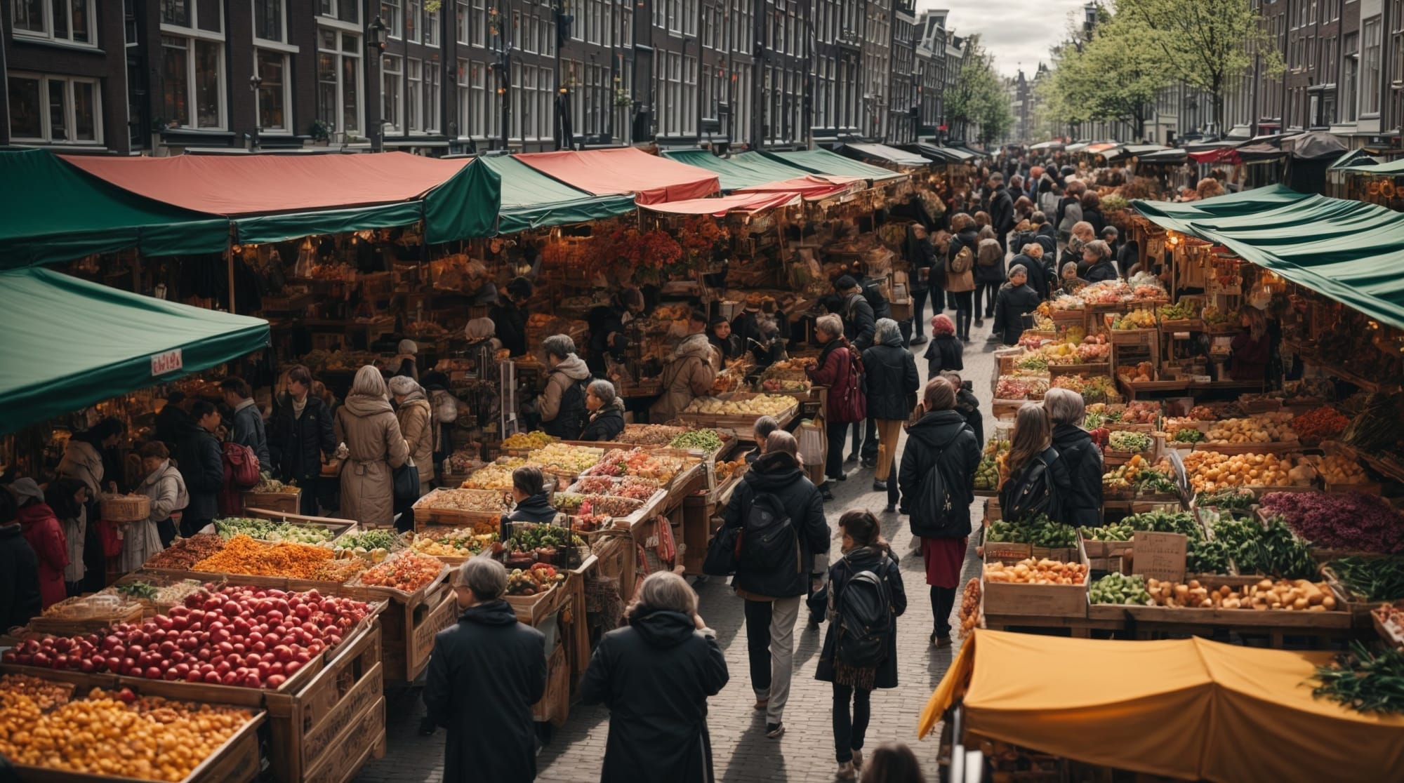local markets Amsterdam crowded colorful market in Amsterdam with various stalls