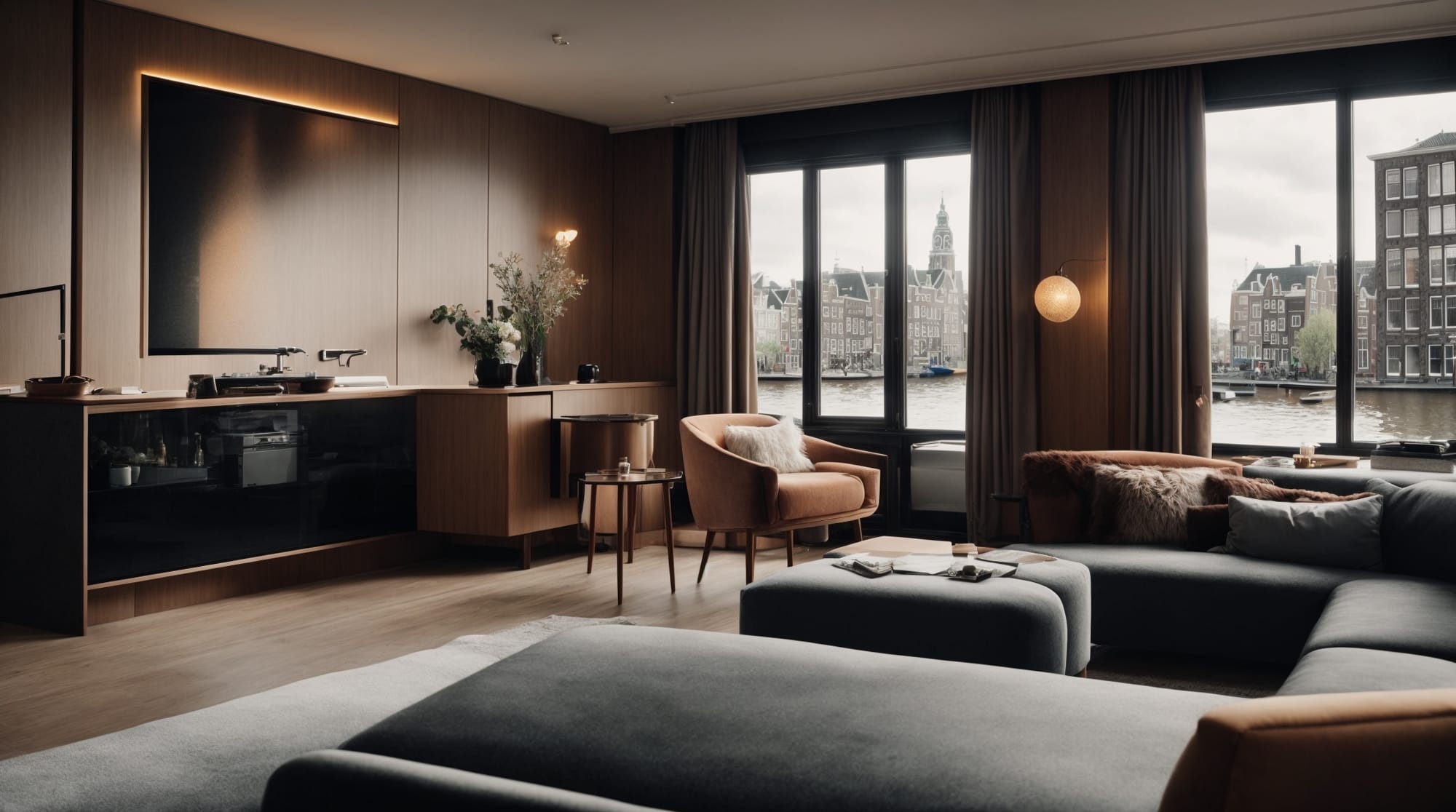 luxury hotel Elegant boutique hotel room with a view of Amsterdam canals