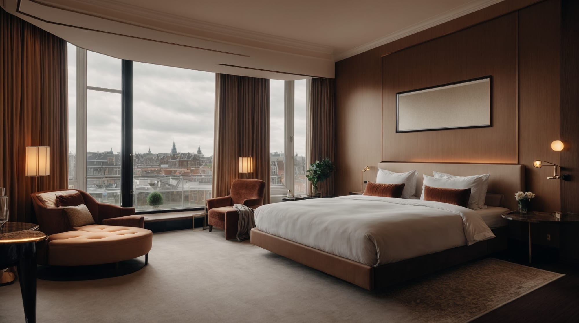 luxury hotels High-end hotel room with expansive canal view in Amsterdam