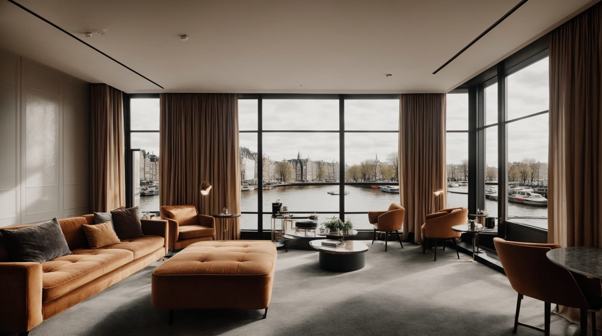 luxury hotels in Amsterdam A luxury hotel room interior in Amsterdam with views of the canal